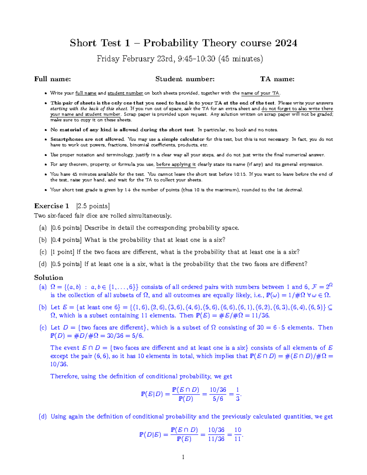 Short Test 1 (2024) – Probability Theory Solutions & Details - Studeersnel