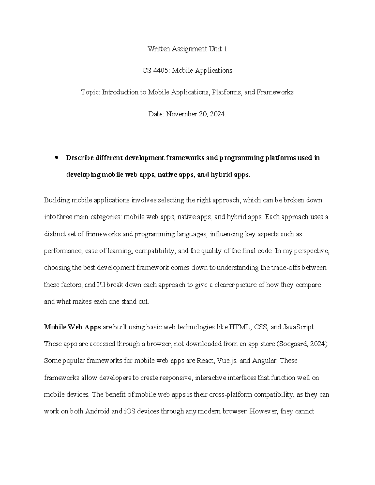 CS 4405 - Mobile App Development Frameworks Comparison Essay - Studocu
