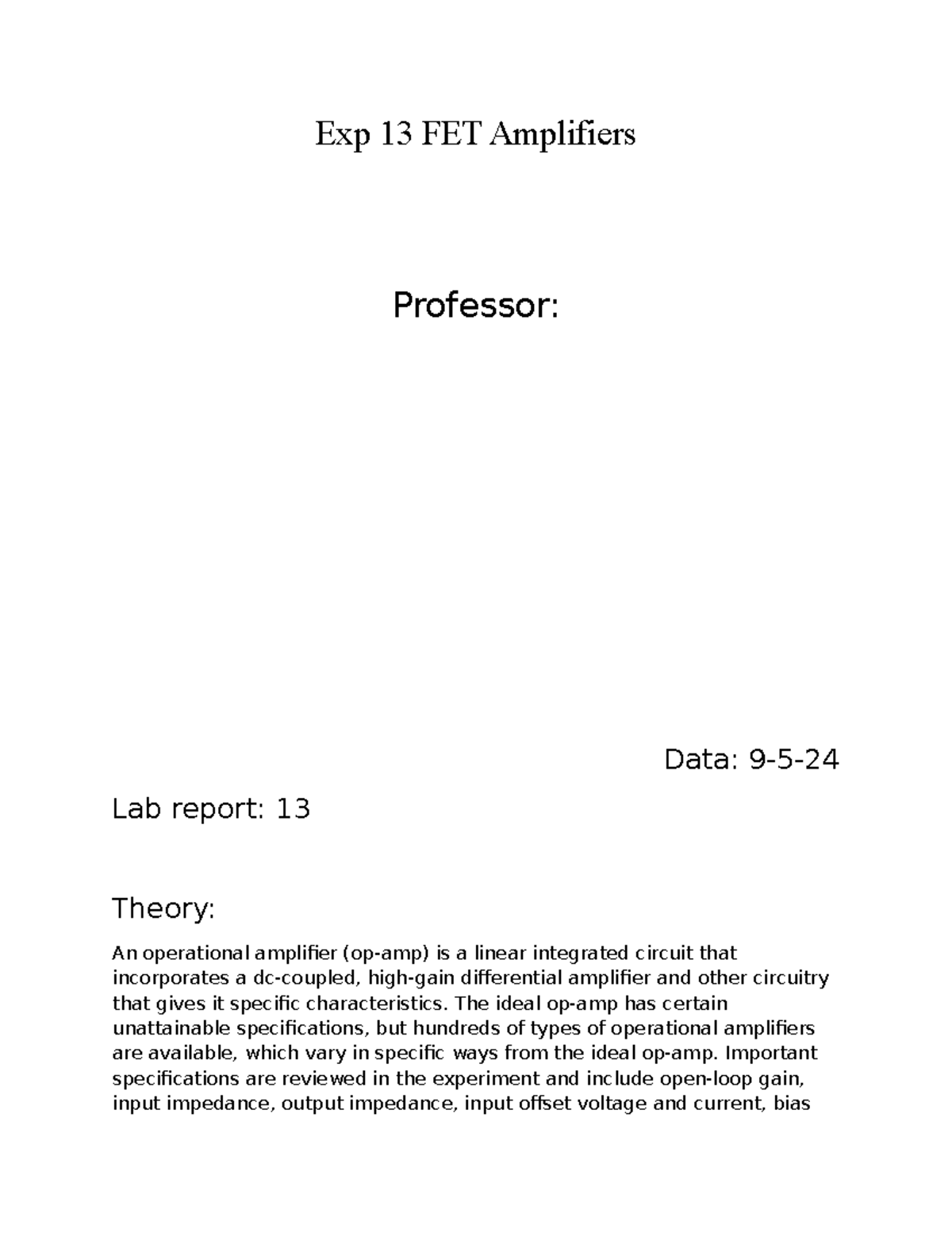 Lab 13 FET Amplifiers - lab report 13 - Exp 13 FET Amplifiers Professor ...