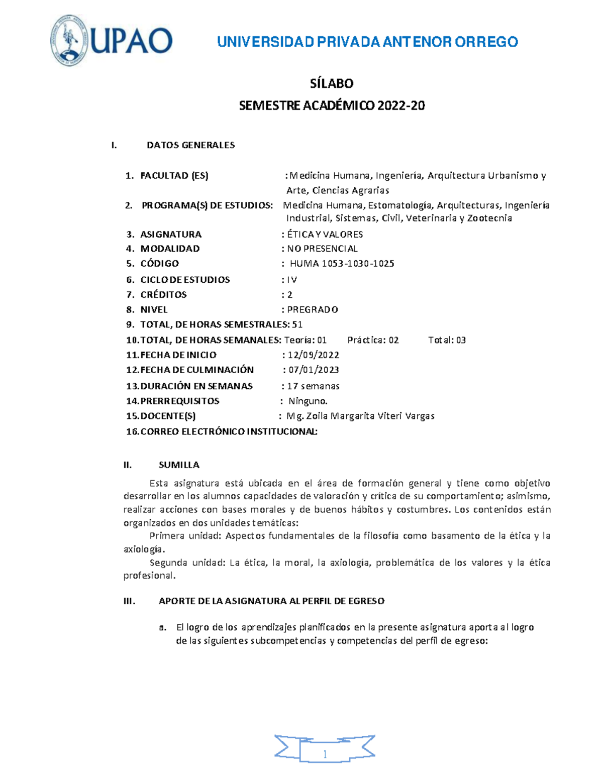 Sílabo de la Asignatura HUMA 1053-1030: Ética y Valores 2022 - Document Preview