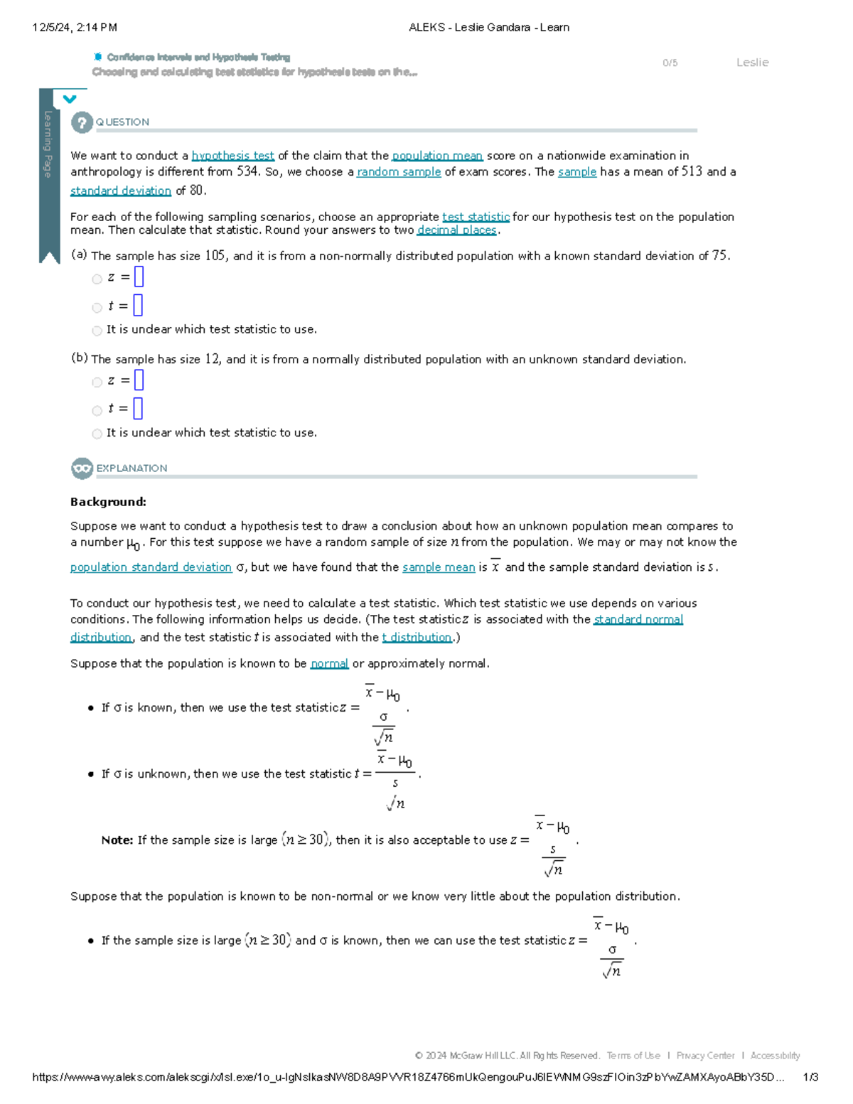 Choosing and calculating test statistics for hypothesis tests on the ...