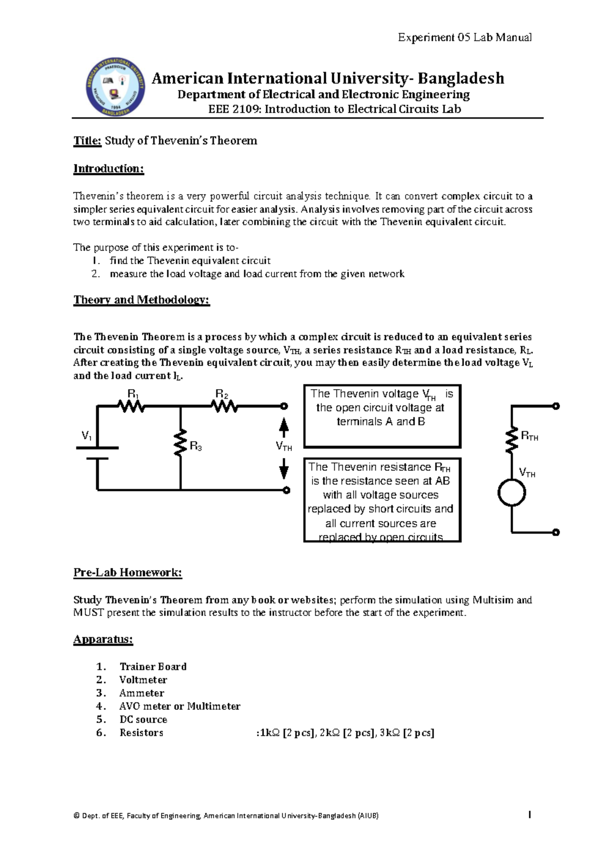 IEC 2109: Experiment 05 Lab Manual on Thevenin Theorem Analysis - Studocu