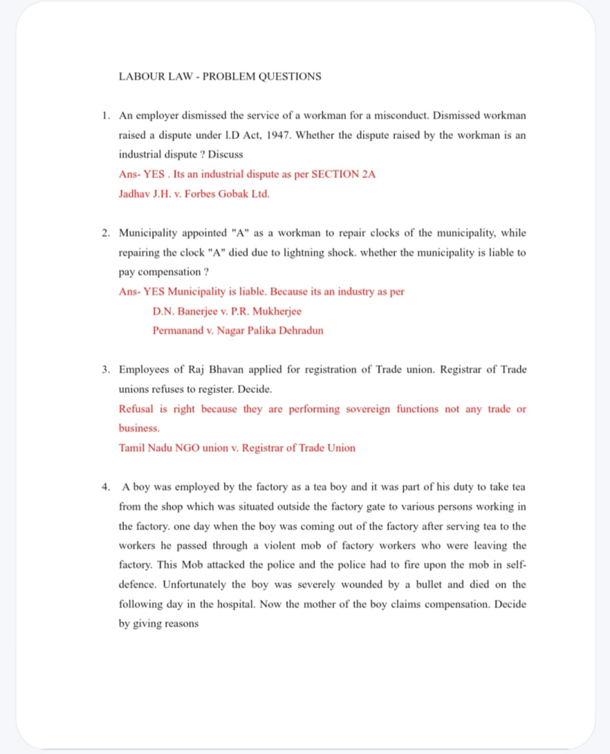 Labour law-1 (Problem Questions) - LABOUR LAW PROBLEM QUESTIONS 1. An ...