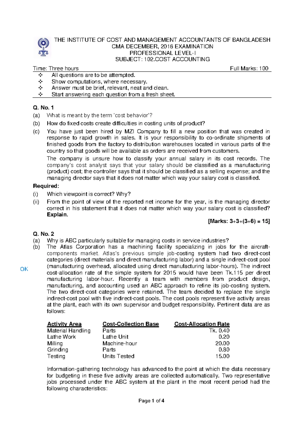 CMA 102: Cost Accounting Model Solutions for December 2016 Exam - Studocu