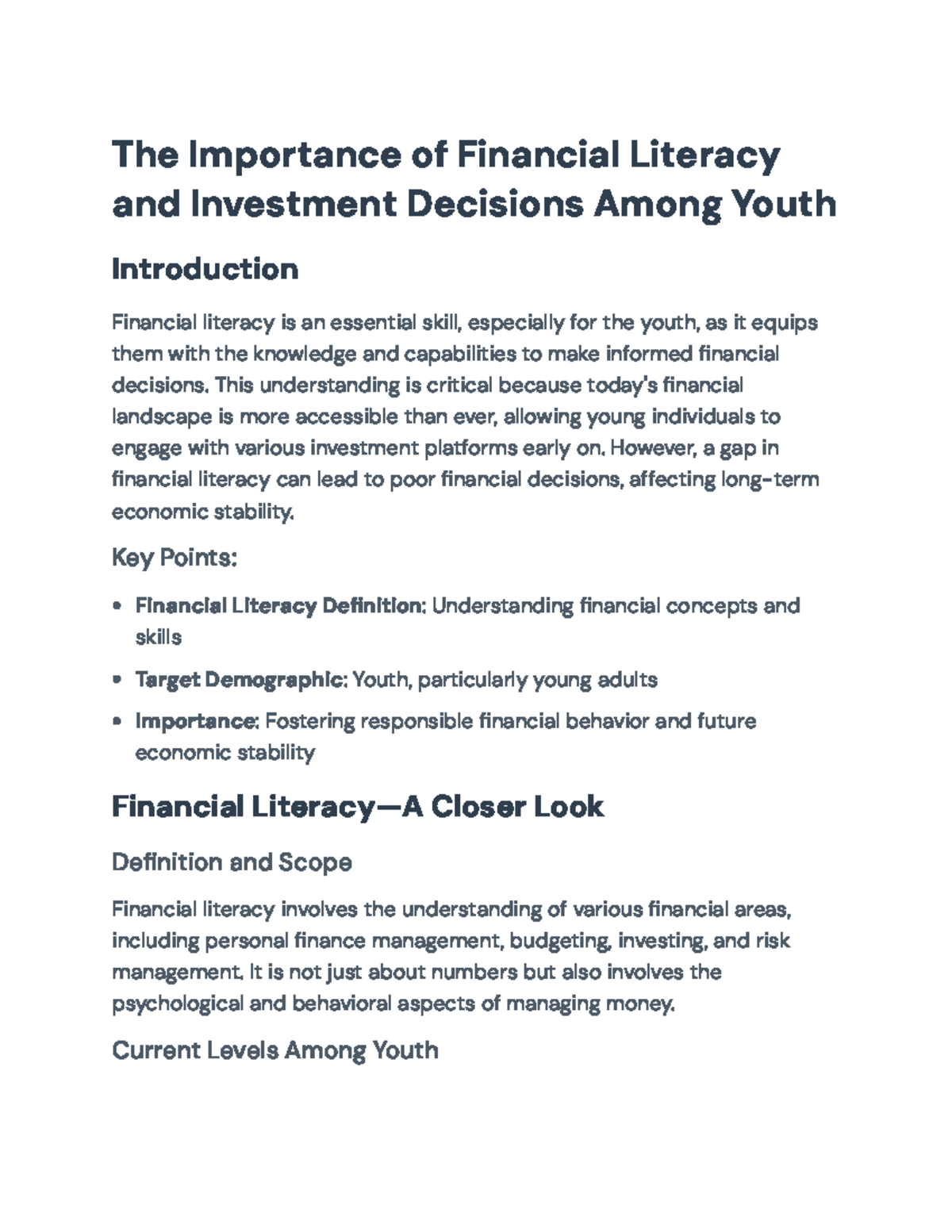 Financial Literacy & Investment Decisions Among Youth: A Critical ...