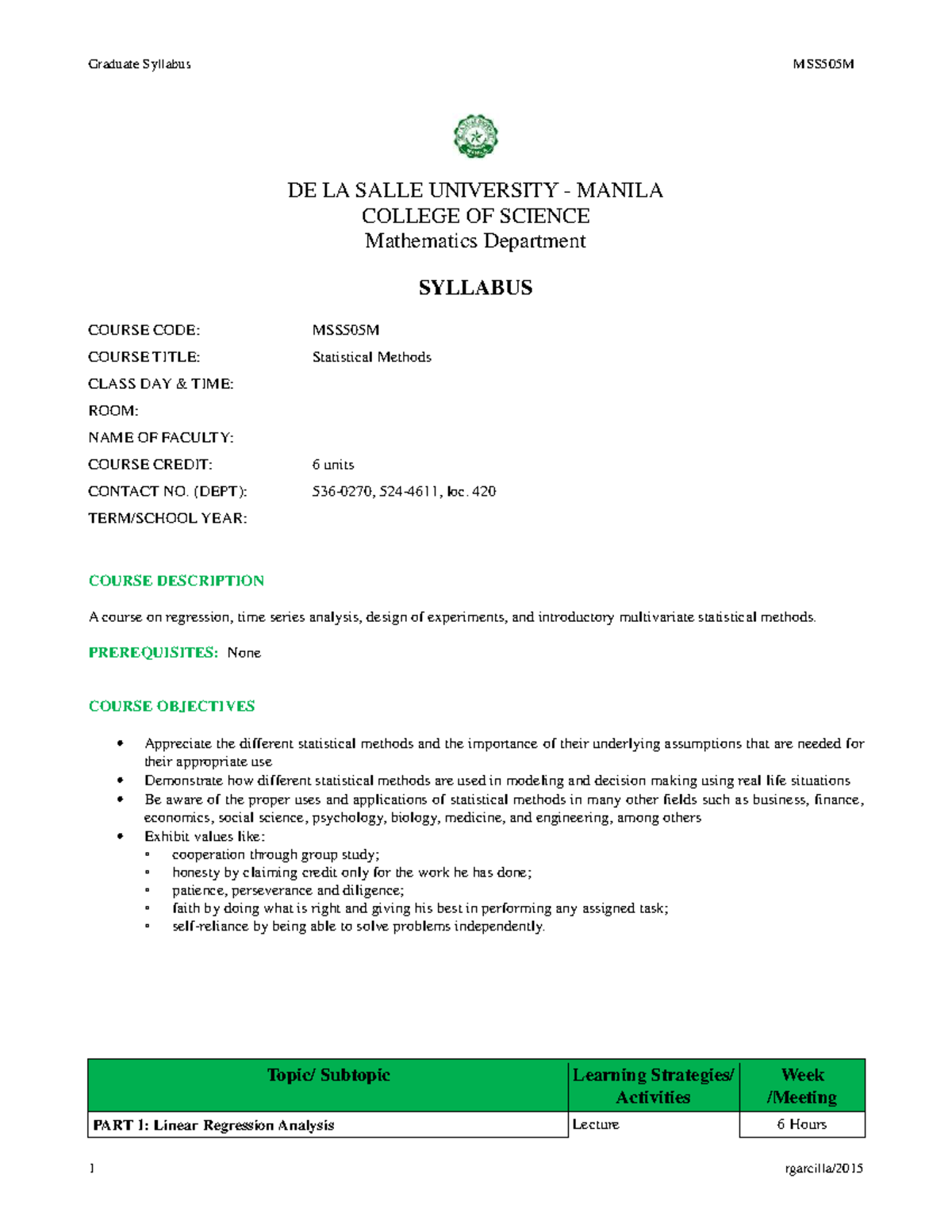 MSS505M - Graduate Syllabus for Statistical Methods at DLSU - Studocu