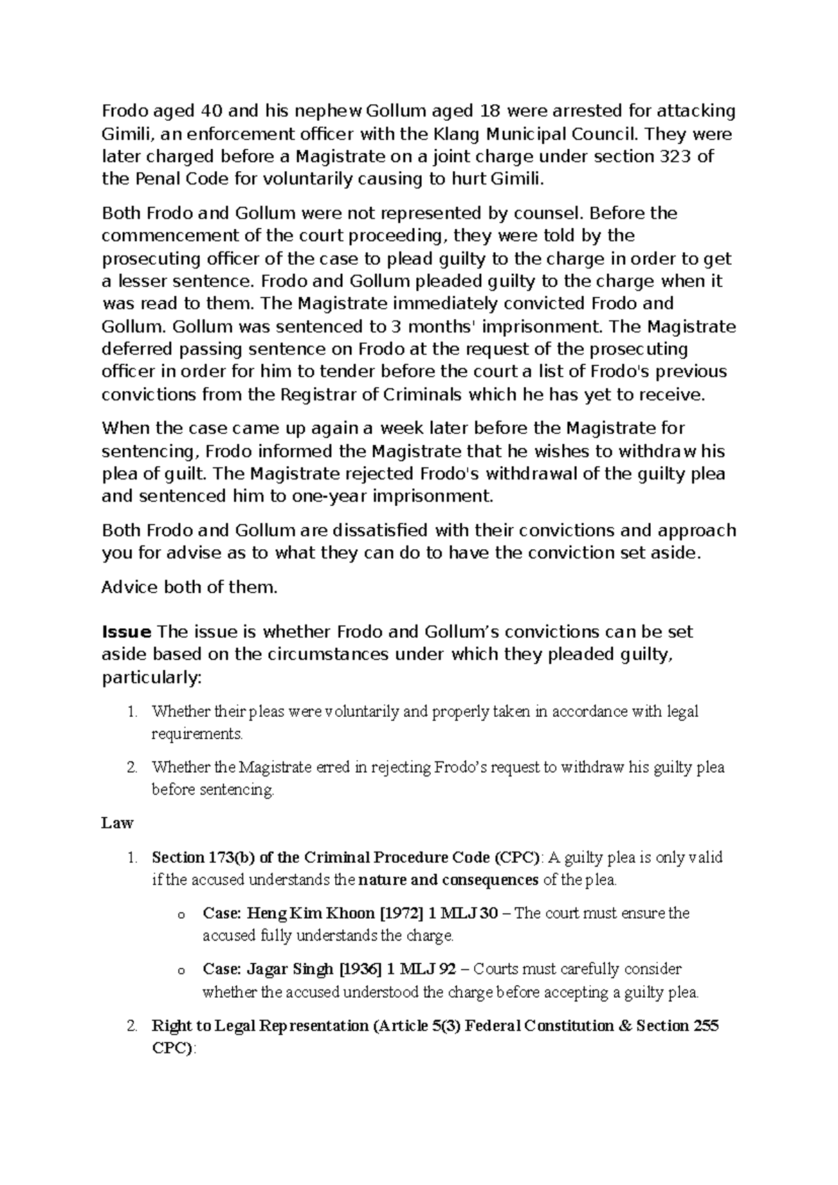 Case Study: Legal Analysis of Frodo and Gollum's Guilty Pleas - Studocu
