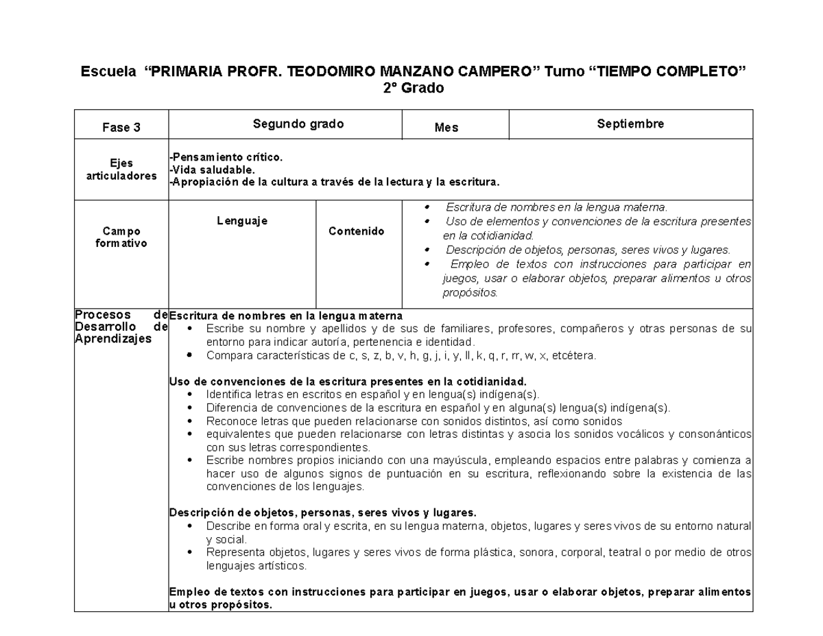 A032F3. Proyectos de Aprendizaje para 2° Grado - Septiembre - Studocu
