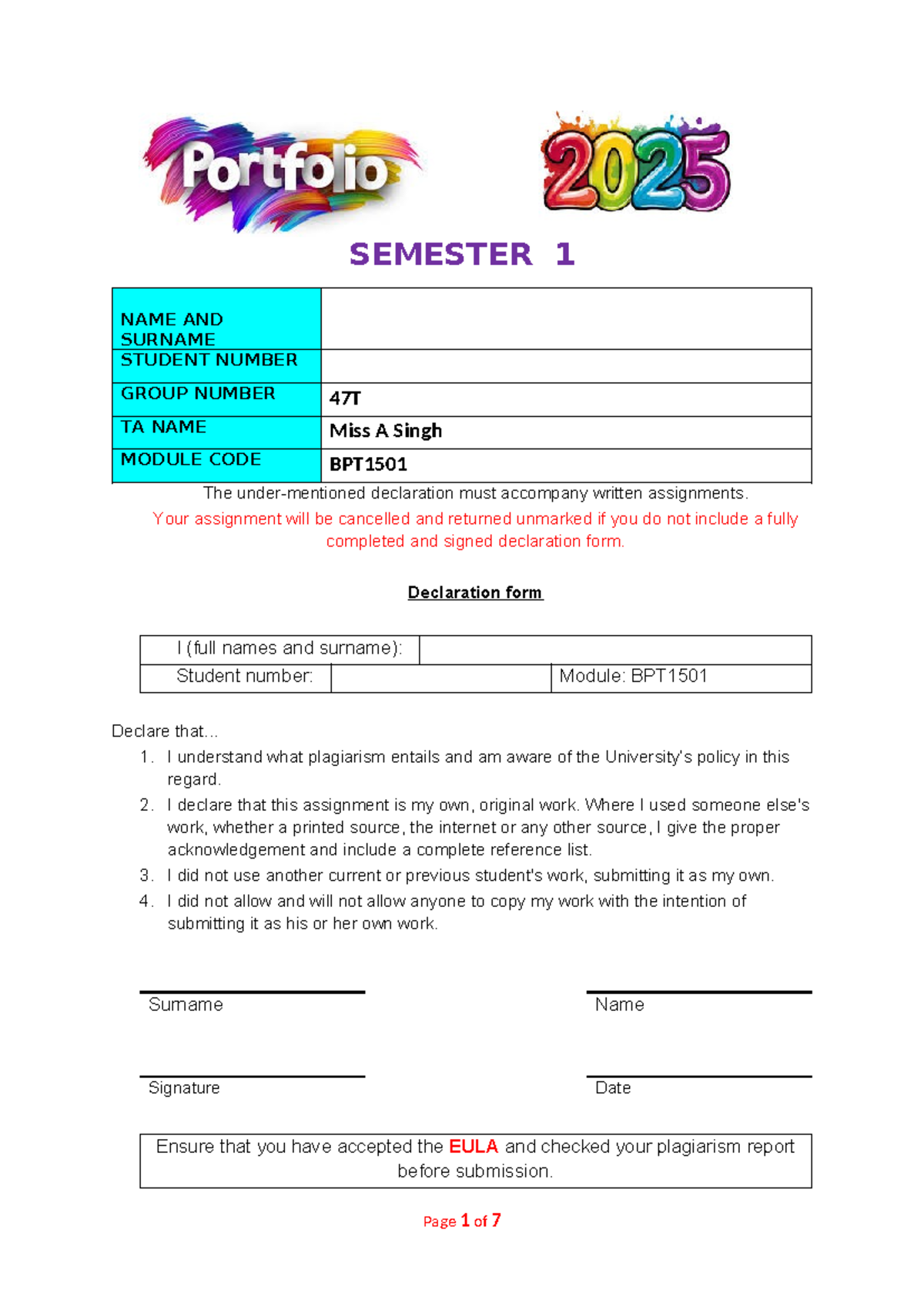 BPT1501 Semester 1 Assignment Declaration & Portfolio Template - Studocu