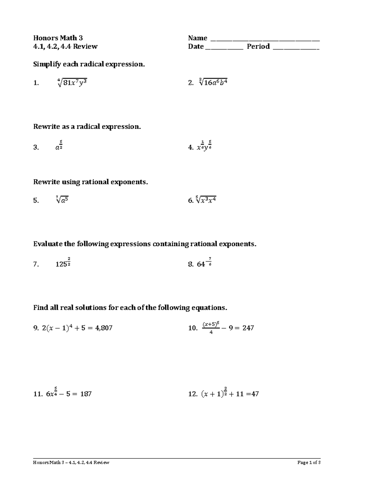 Honors Math 3 Quiz Review: Simplifying Radicals 4.1, 4.2, 4.4 - Studocu