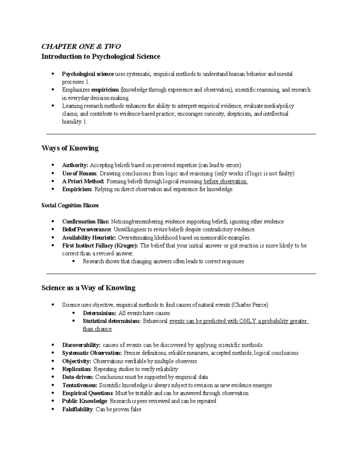 SYNTHESIZED NOTES FOR PSYC 203: INTRODUCTION TO PSYCHOLOGICAL SCIENCE ...