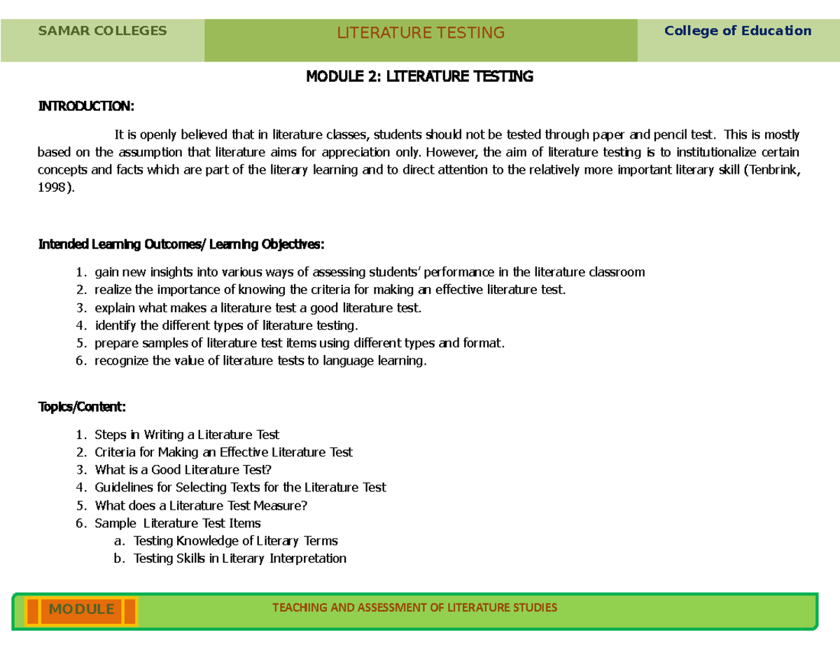Module 2: Literature Testing - Effective Assessments and Strategies ...