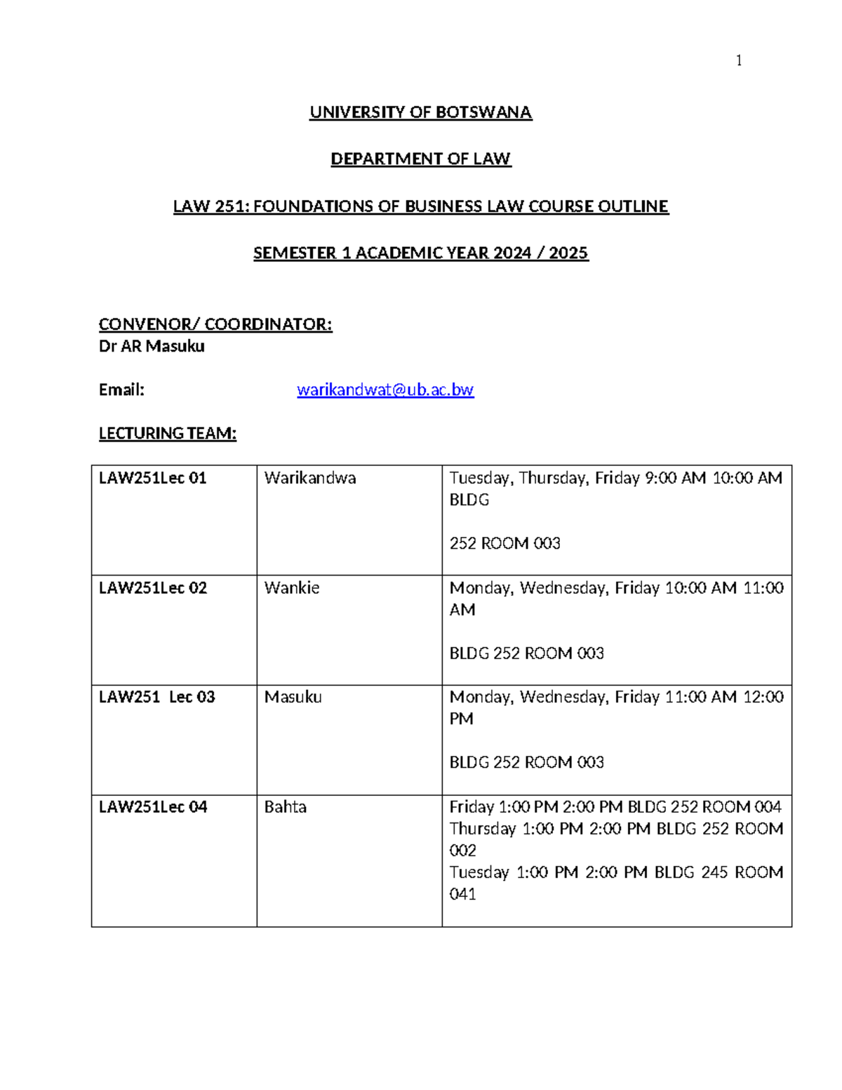 LA251 Foundations of Business Law Course Outline 2024/2025 - Studocu
