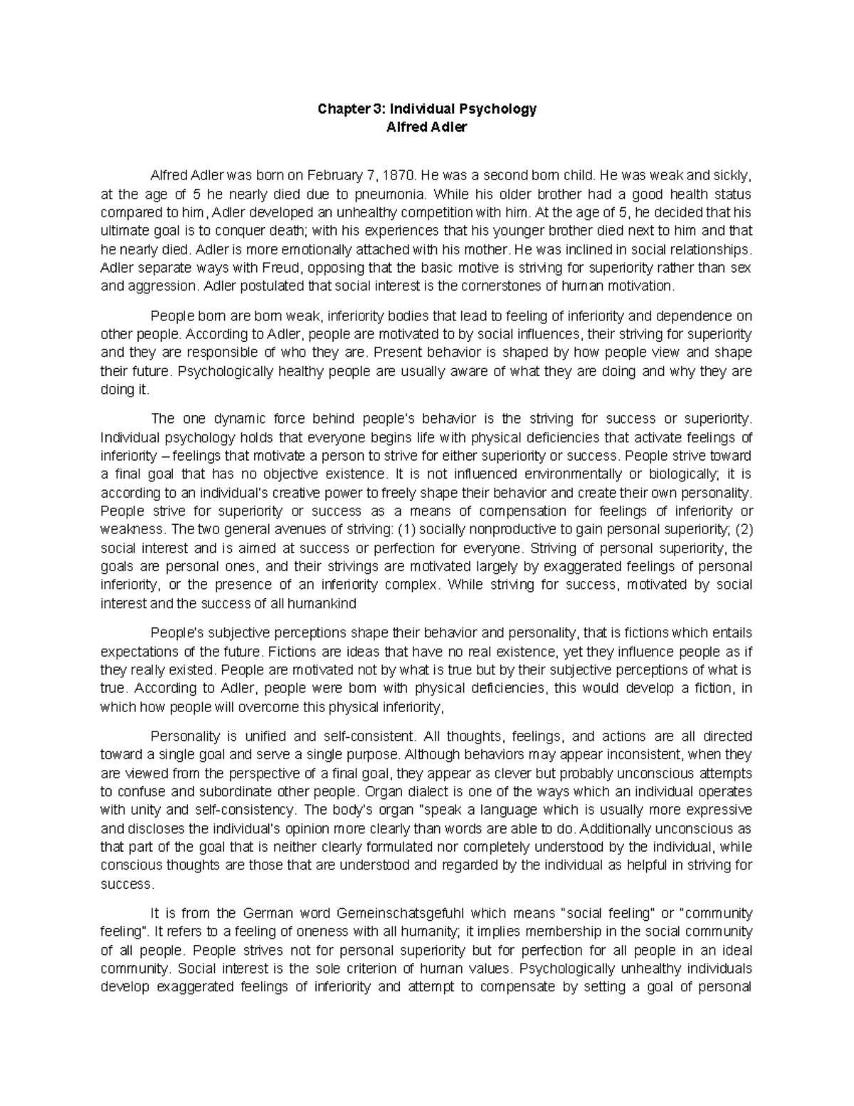 Chapter 3: Individual Psychology - Notes on Alfred Adler - Studocu