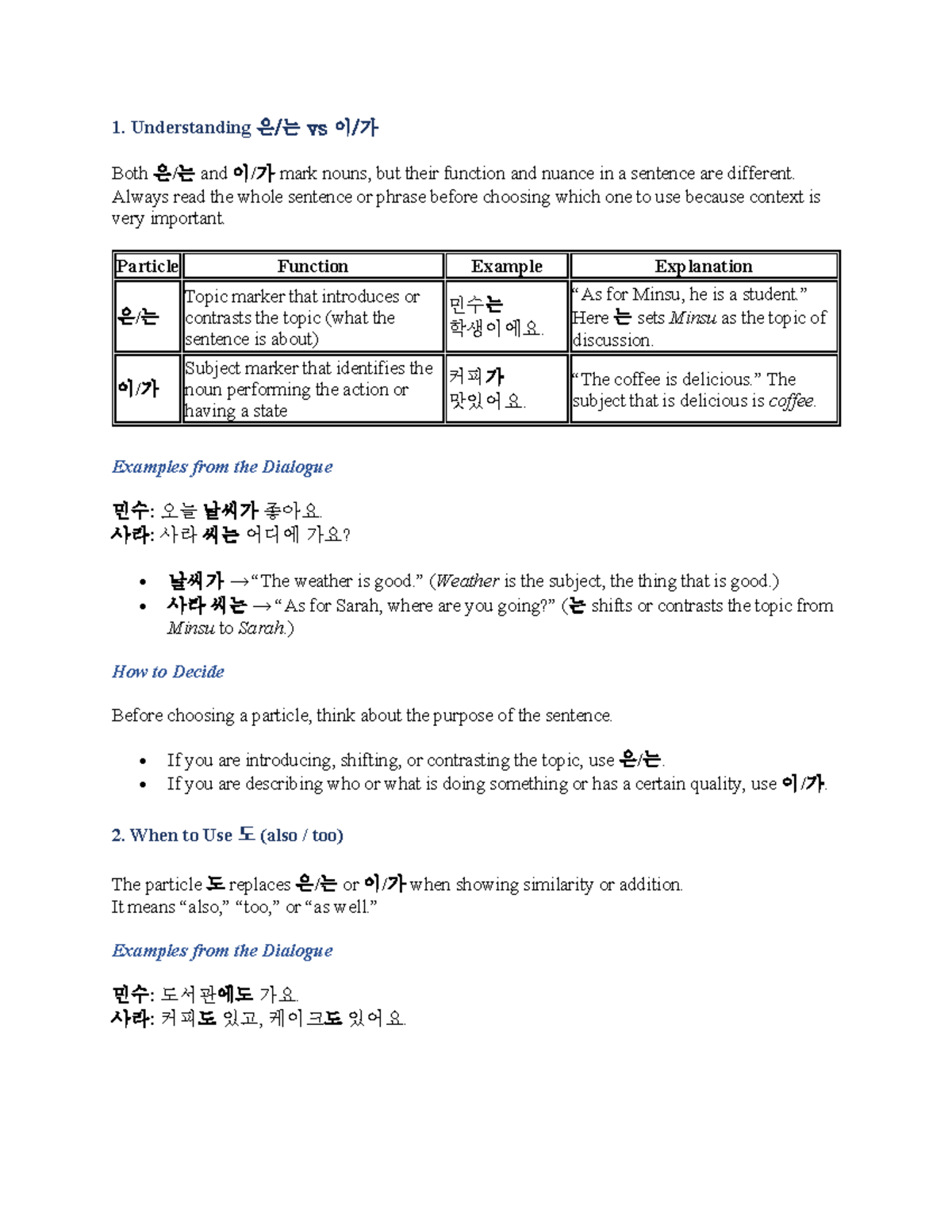 Korean Particles Worksheet: Understanding vs Usage of 1. and 도 - Studocu