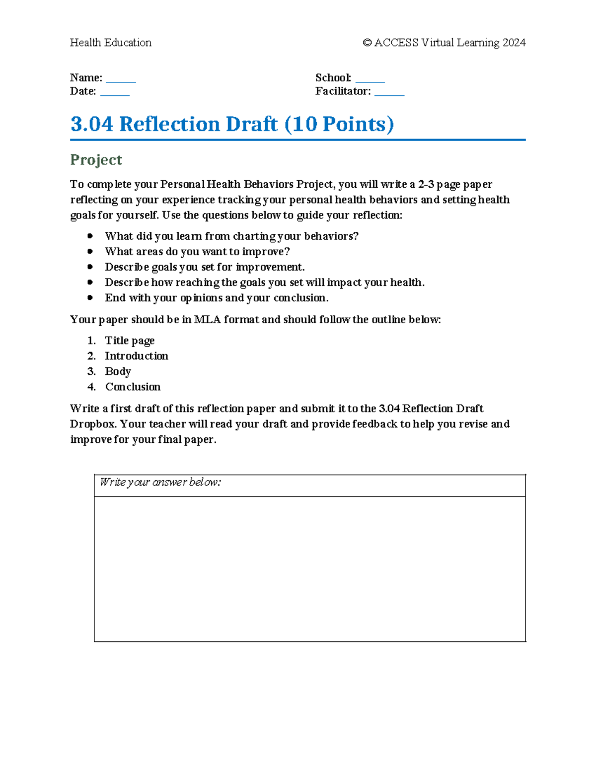 Health Education 3.04 Reflection Draft: Personal Health Behaviors - Studocu