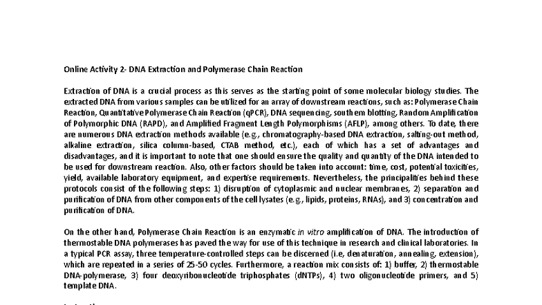 3MBIO1 Online Activity: DNA Extraction & PCR Techniques - Studocu