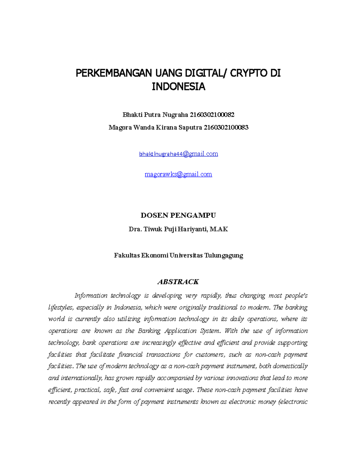 Uang Digital dan Cryptocurrency di Indonesia: Perspektif Bhakti & Magora  (MNJ) - Studocu