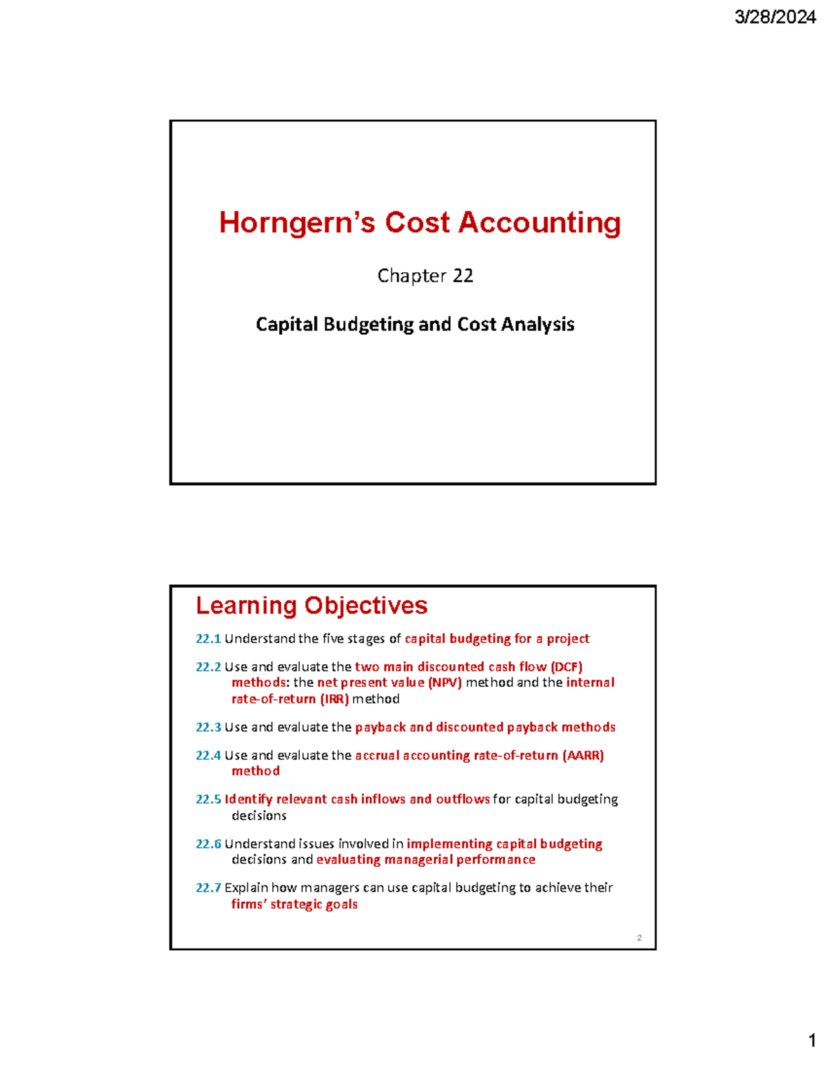 Cost Accounting Chapter 22: Capital Budgeting & DCF Methods - Studocu
