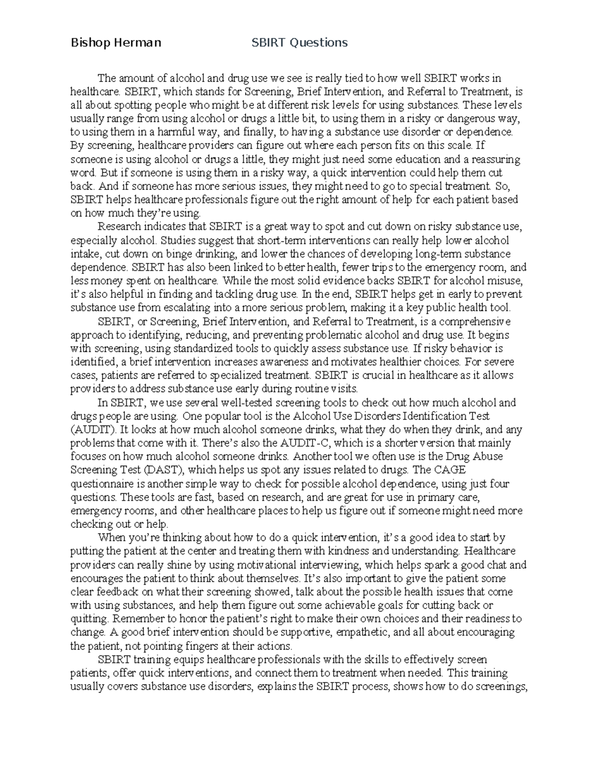 SBIRT Overview and Key Questions for Healthcare Providers - Studocu