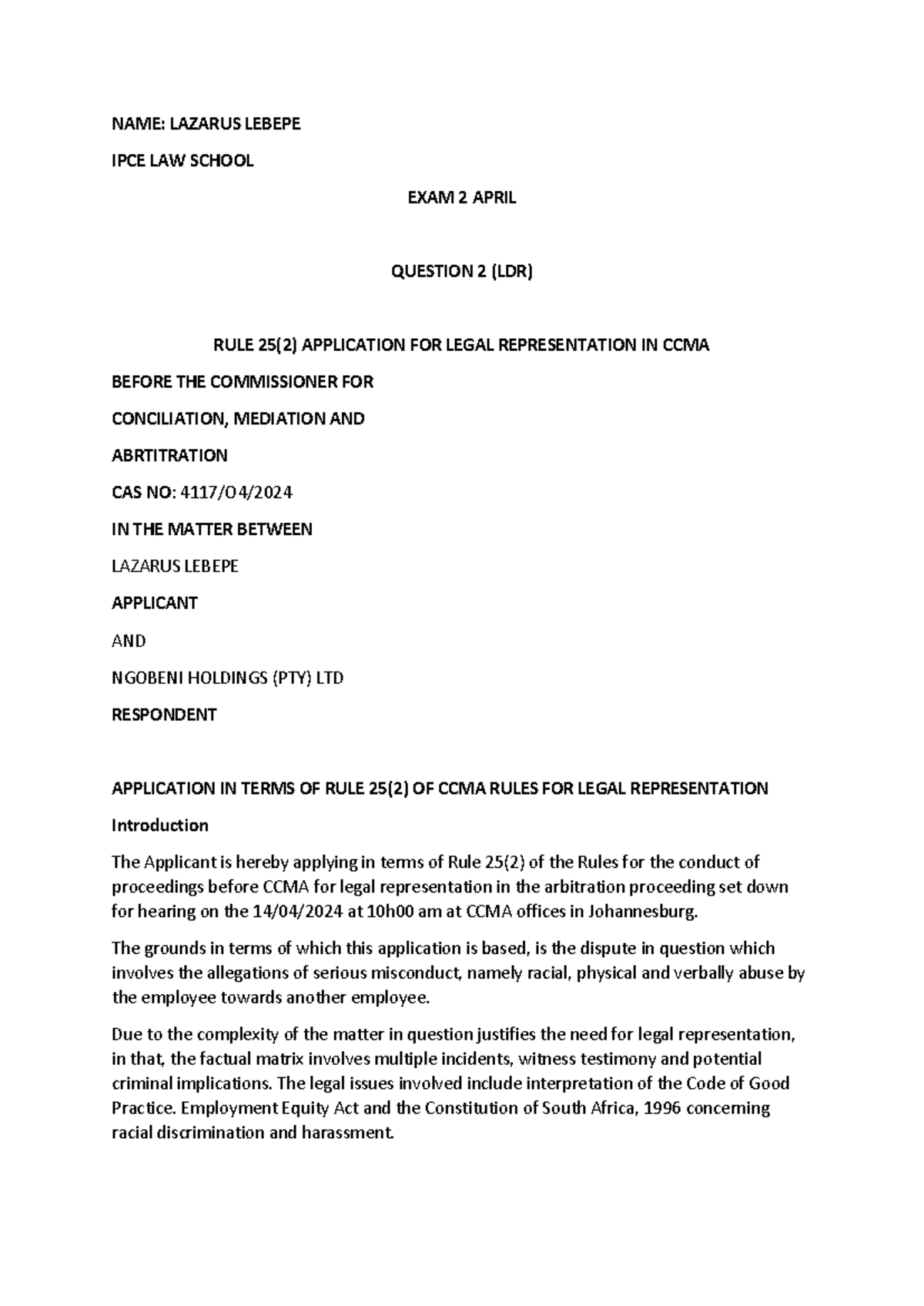 EXAM 2 IPCE LAW SCHOOL: Legal Representation Application & ADR Insights ...