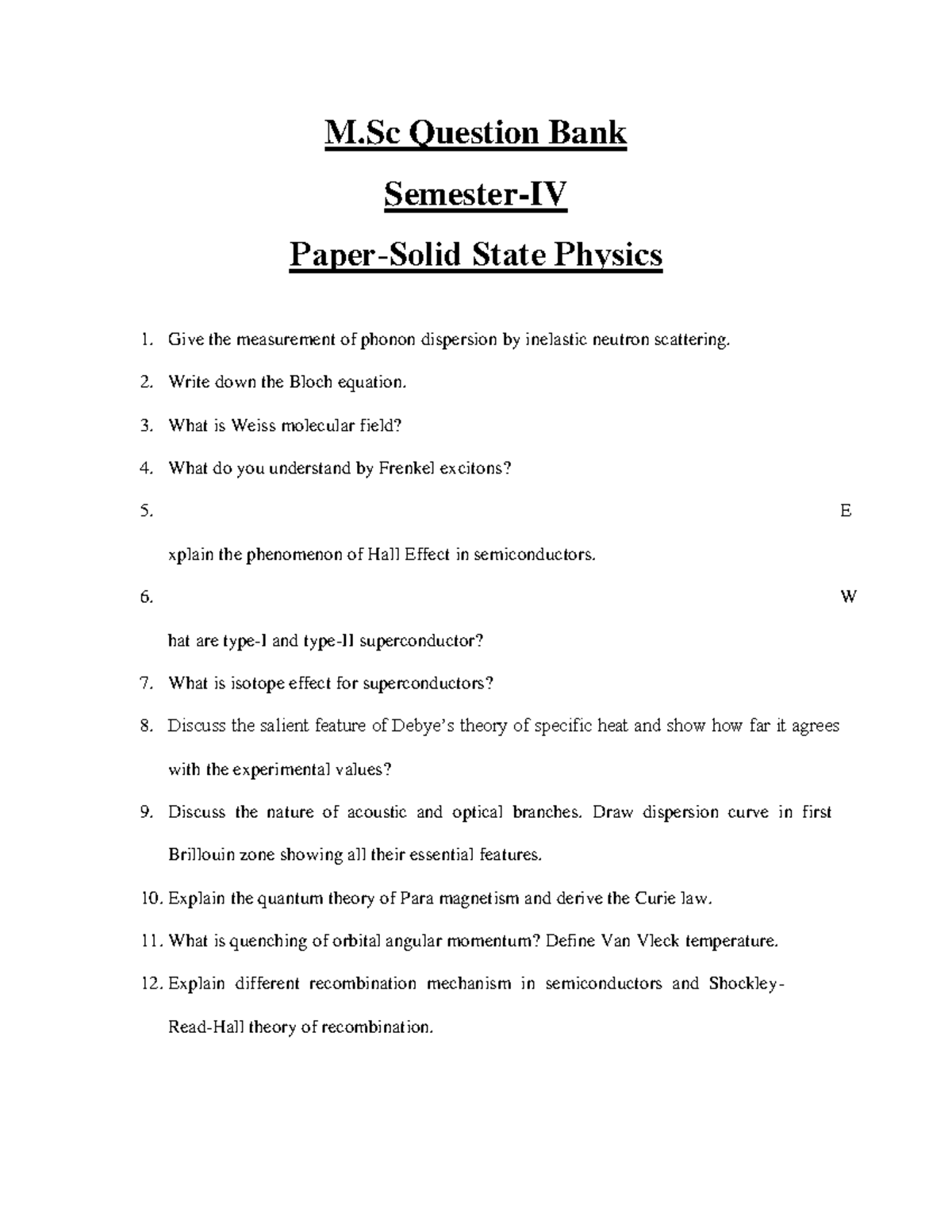 M.Sc (Physics) IV Semester: Question Bank for Solid State Physics ...