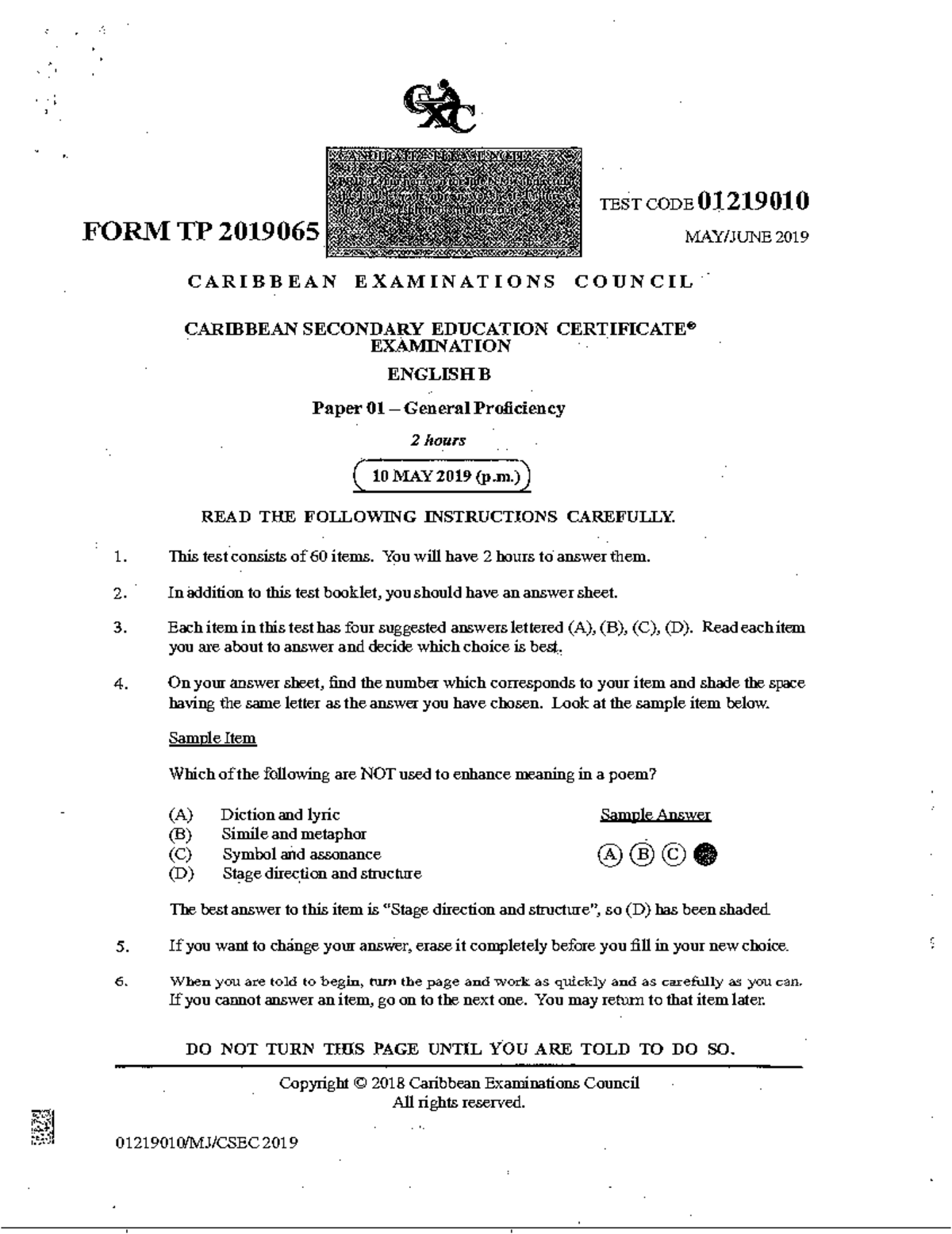 CXC 2019 English B Paper 01 General Proficiency Exam Review - Studocu