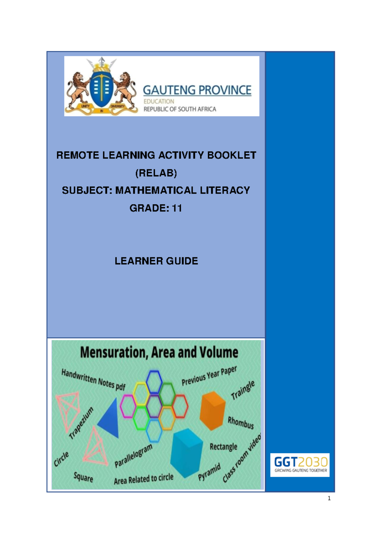 MATH LIT Grade 11 RELAB Learner Guide Term 1 Activities - Studocu