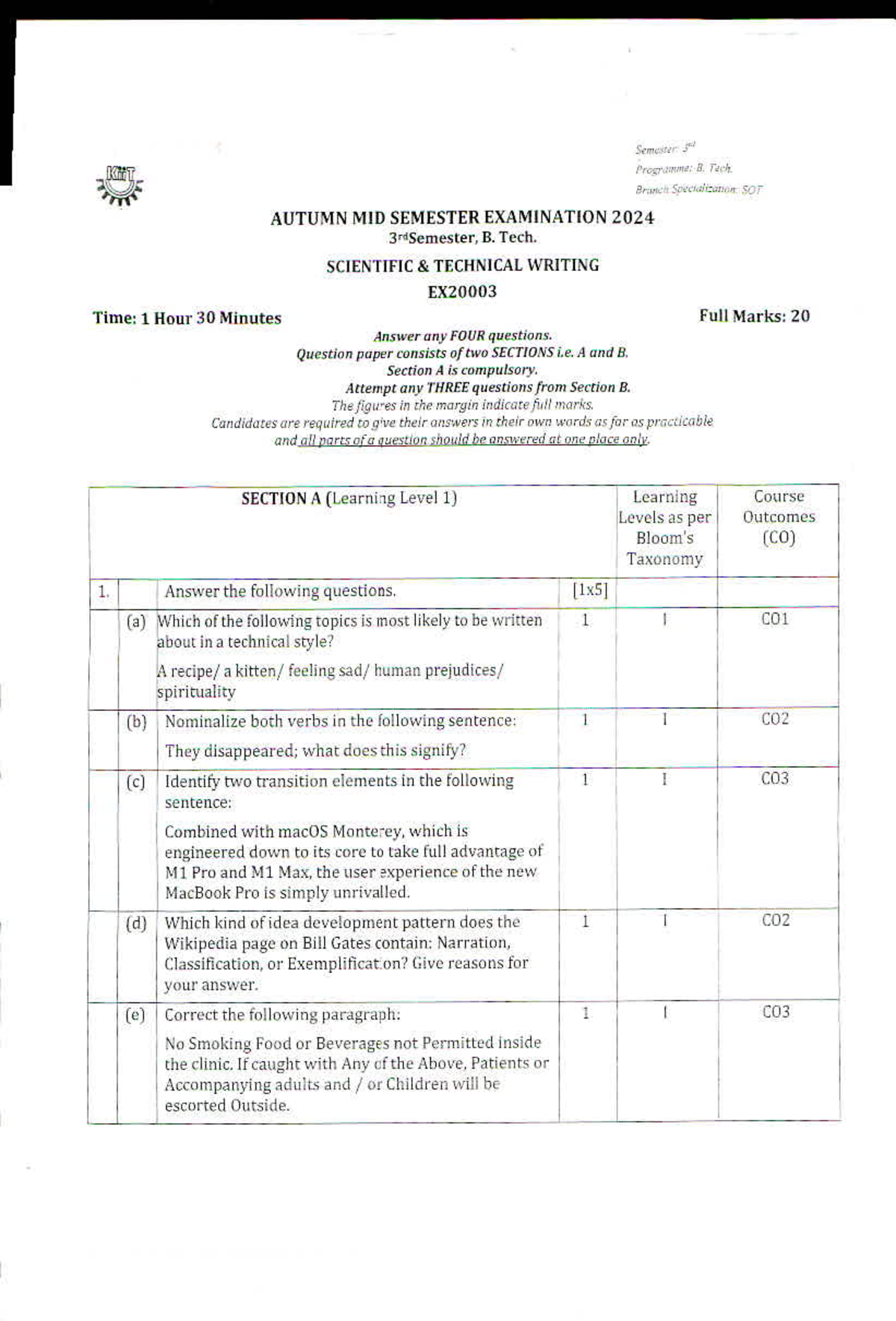 B. Tech 3rd Sem: Scientific & Technical Writing Mid Sem Exam 2024 - Studocu