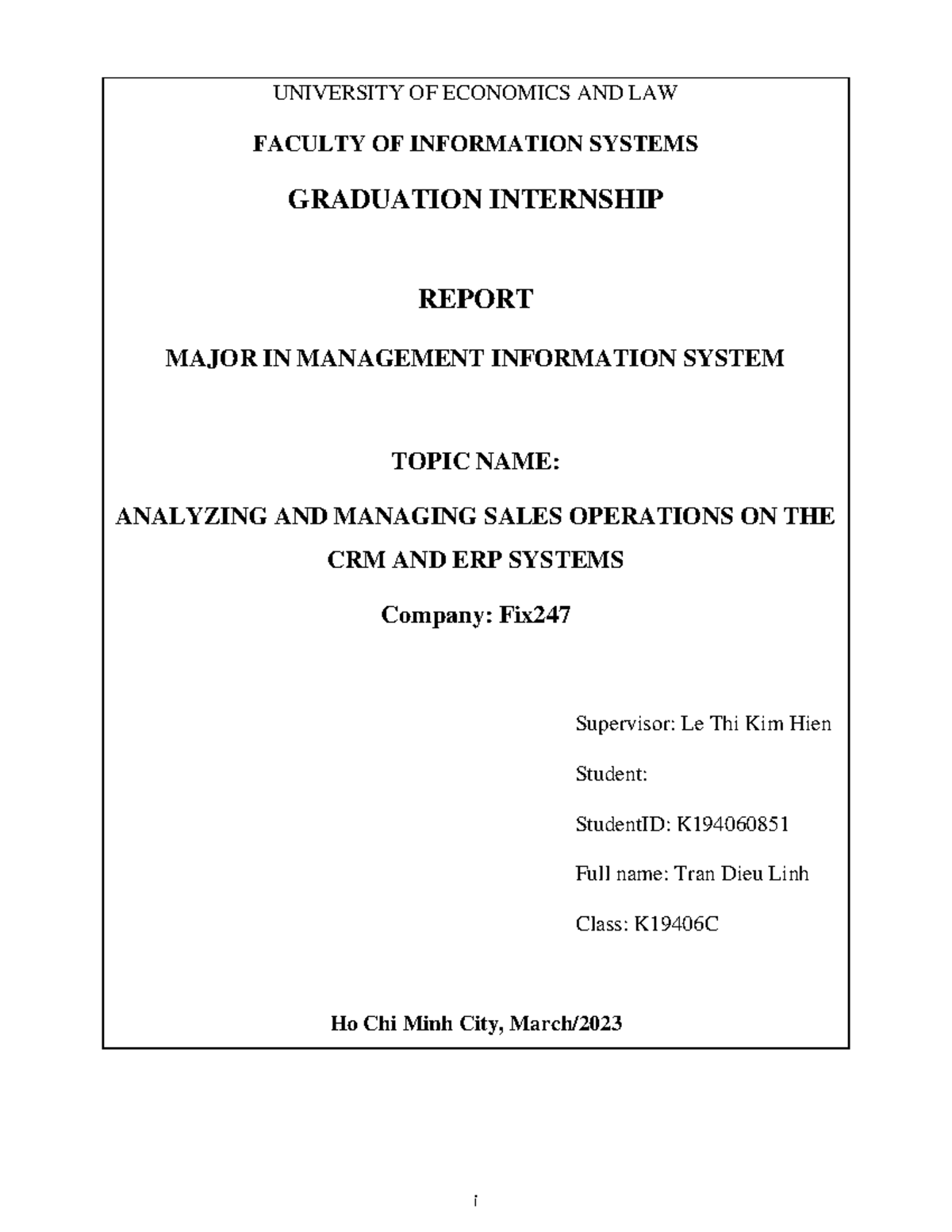 Intern Report Sample - i UNIVERSITY OF ECONOMICS AND LAW FACULTY OF ...