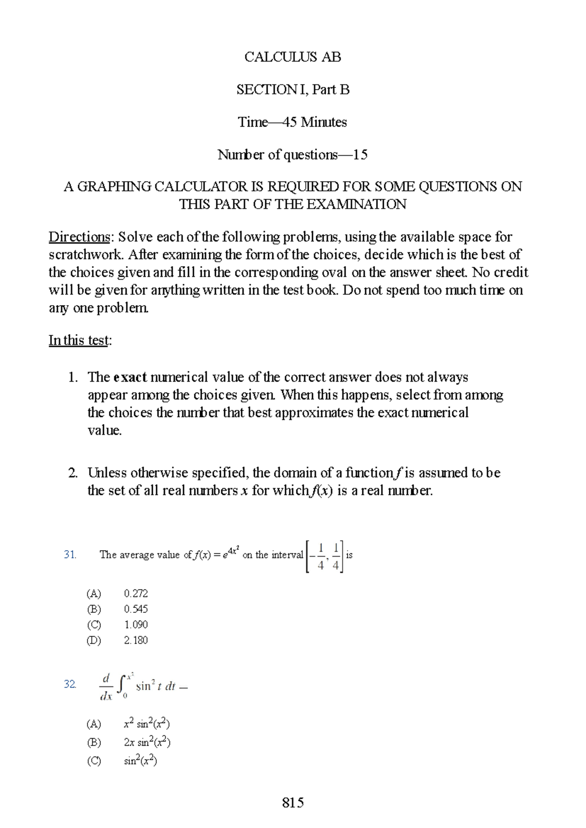 Practice Test 2 (Calculus AB - CAL) - Studocu