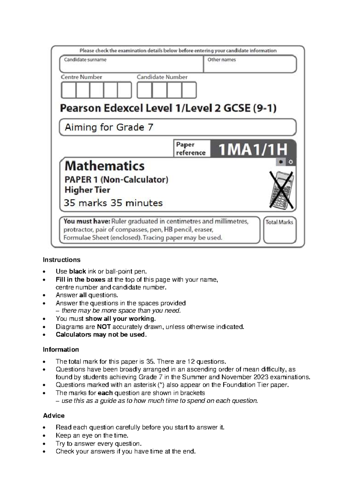 Aiming For 7 (Set 4) Practice Paper 1H - Instructions Use black ink or ...