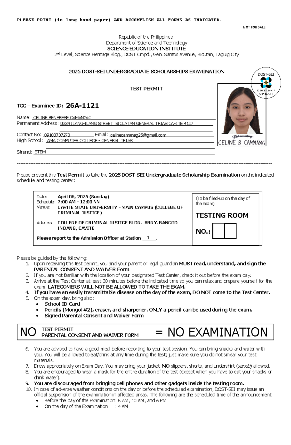 2025 DOST-SEI Undergraduate Scholarship Exam Test Permit Instructions ...