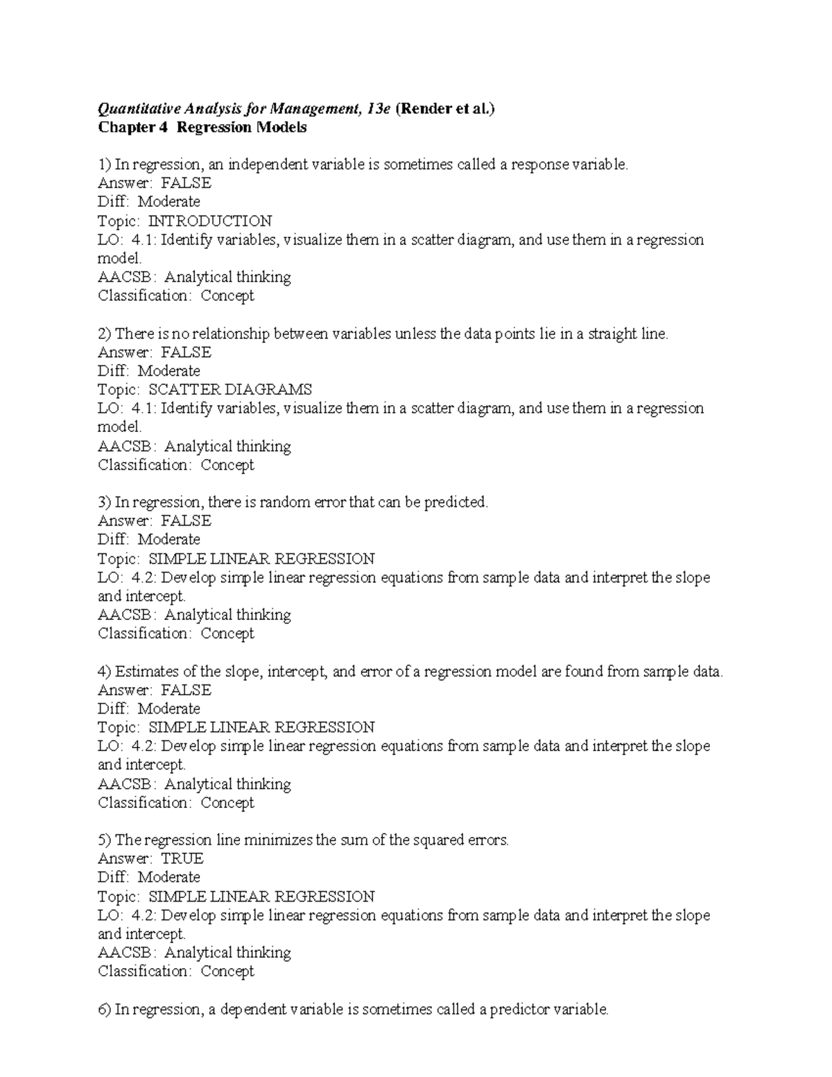 Chapter 4 - Regression Models Test Bank for QM101 - Studocu