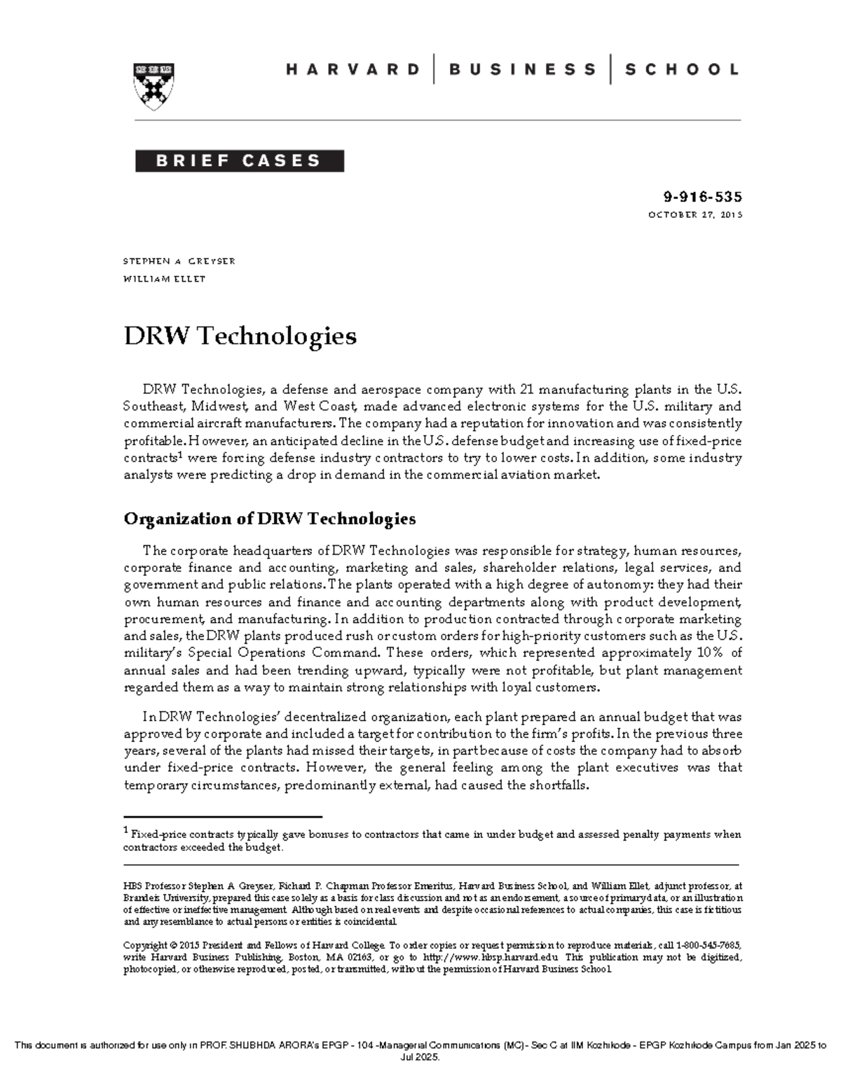 DRW Technologies Case Study: Cost Management Strategies in EPGP 104 ...