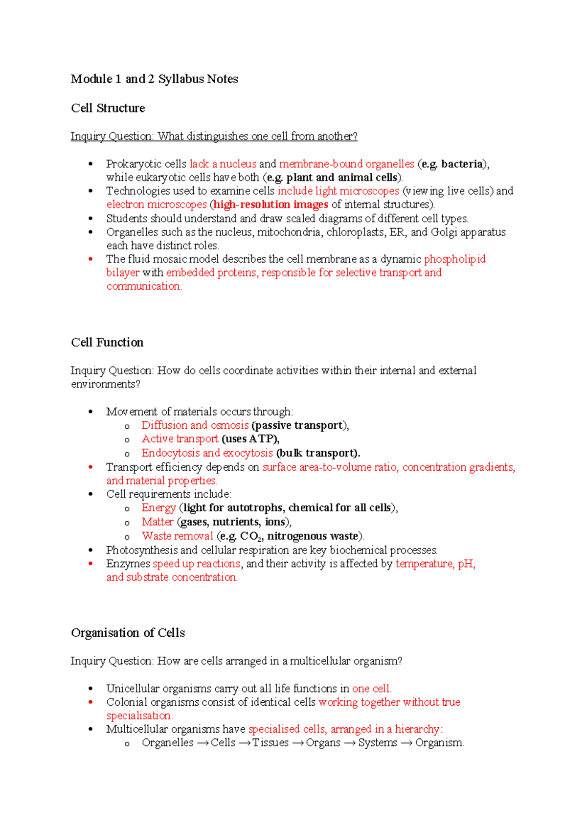 Bio Study Notes T2 Year 11: Cell Structure & Function Insights - Studocu