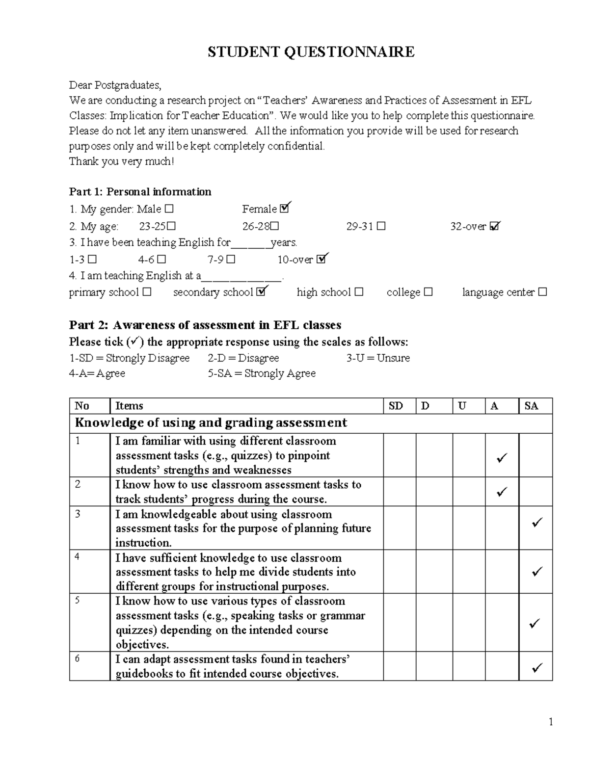 EFL Teacher Questionnaire on Assessment Awareness and Practices - Studocu