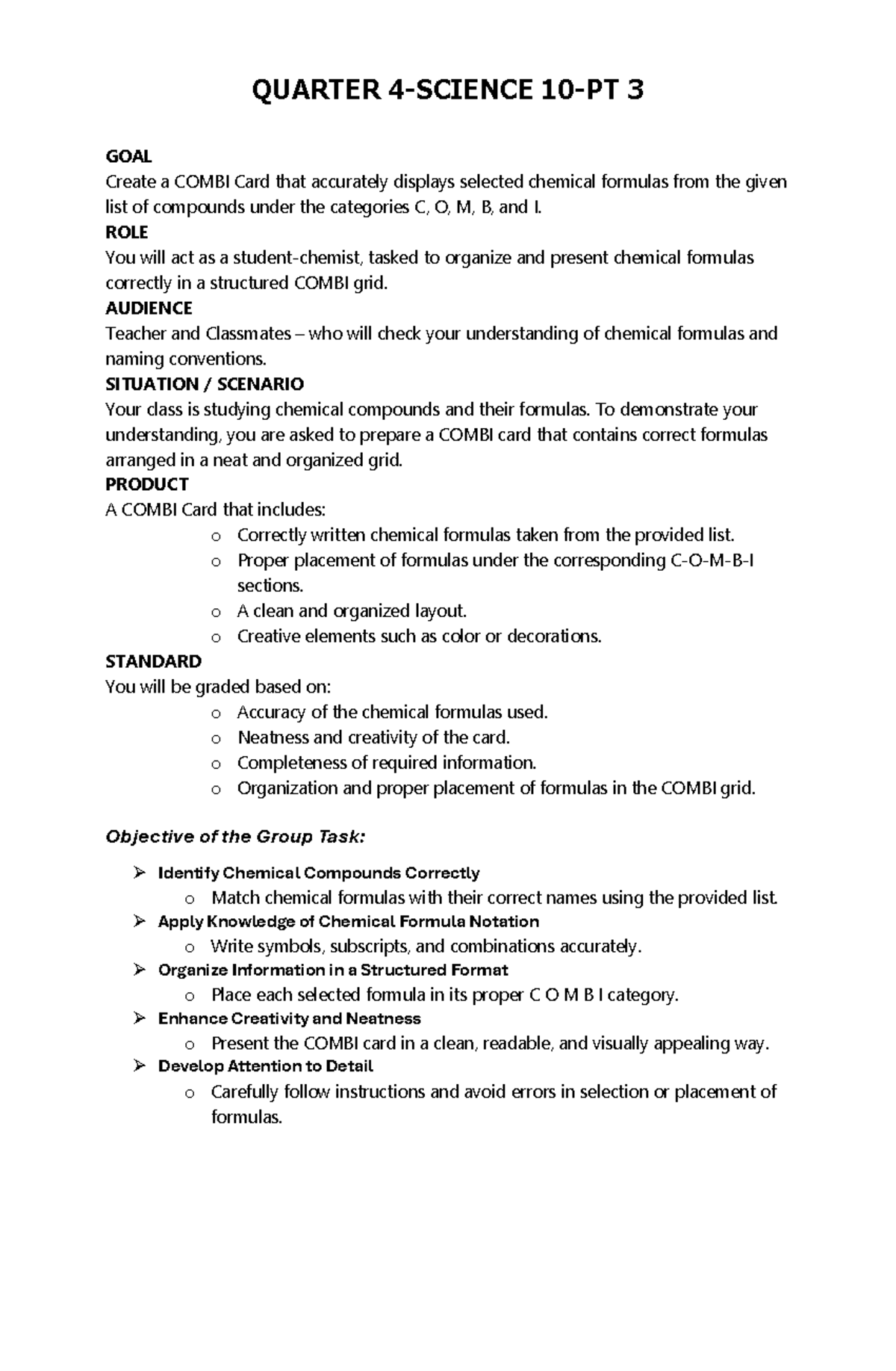 Quarter 4 PT3 - COMBI Card Project: Chemical Formulas & Organization ...