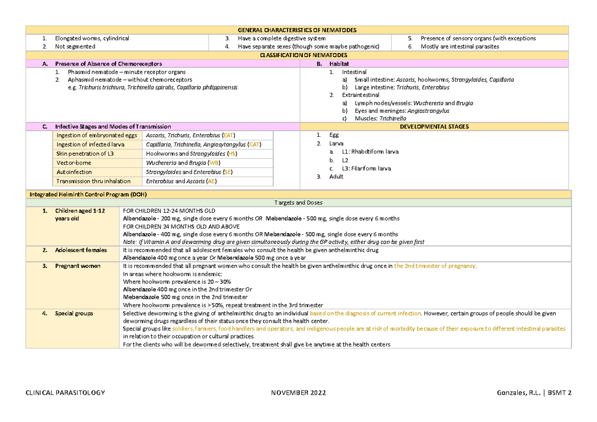 Parasitology Lecture Notes: Nematodes Overview and Characteristics ...