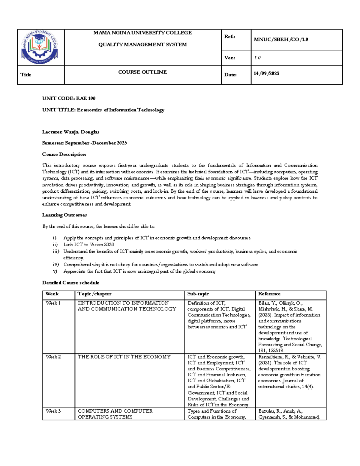 EAE 100 Course Outline: Economics of IT (Sep-Dec 2025) - Studocu