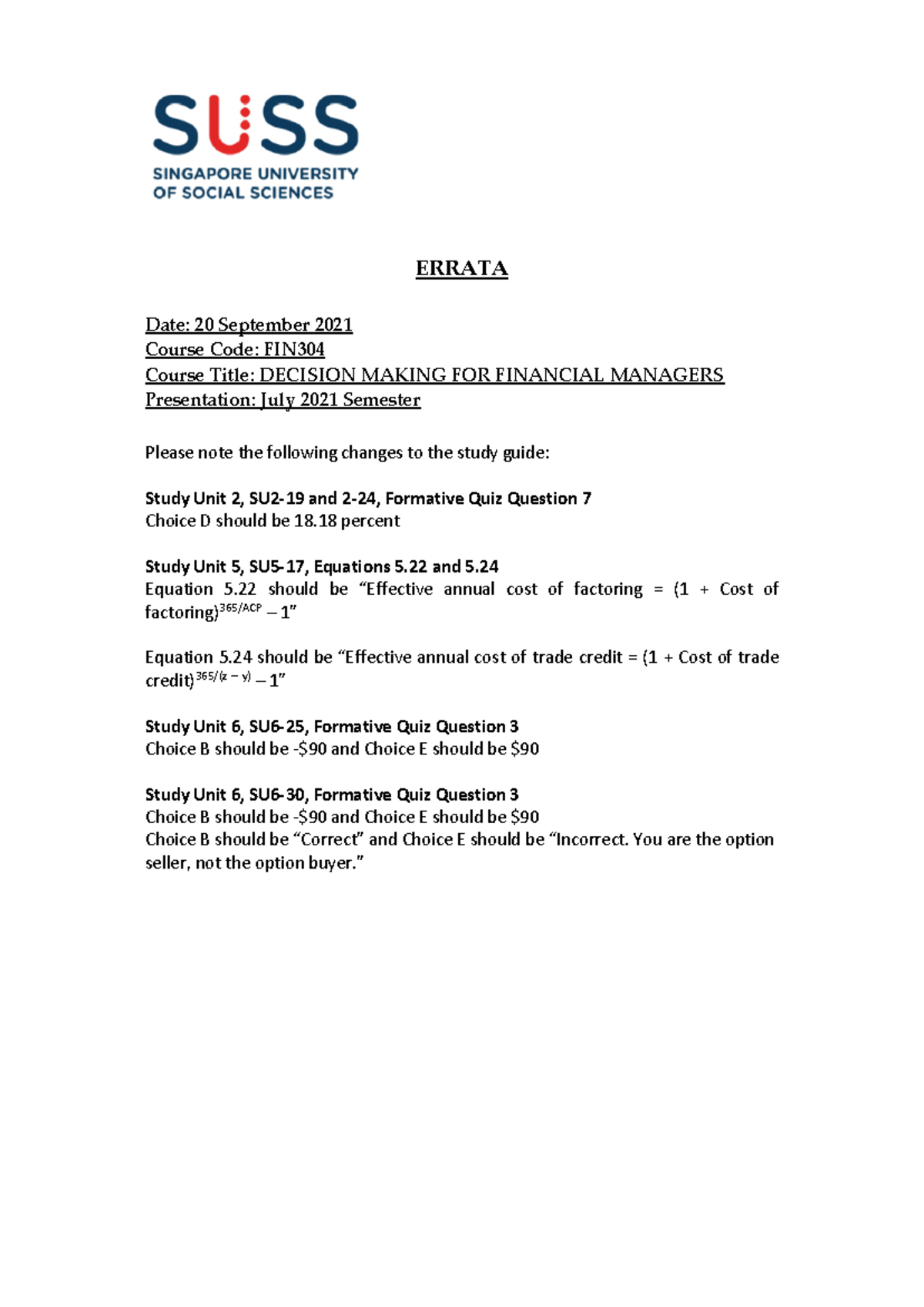 FIN304 Study Guide errata - FIN304 - Studocu