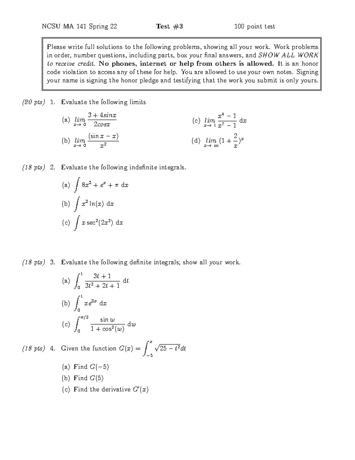 NCSU MA 141 Spring 22 Calculus Test #3 Solutions Guide - Studocu