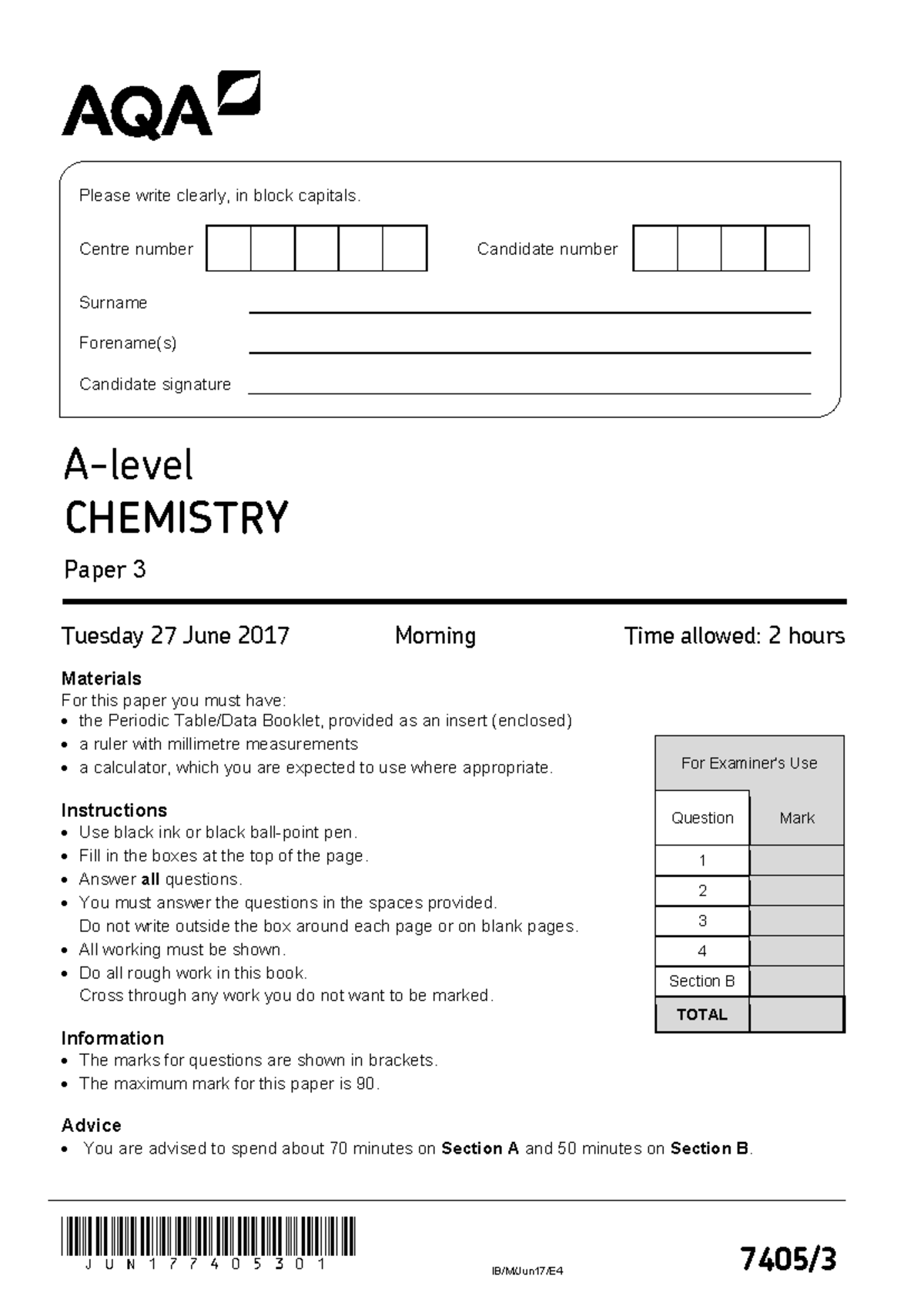 Paper 3 Chemistry 2017 - Exam Instructions and Questions - Studocu
