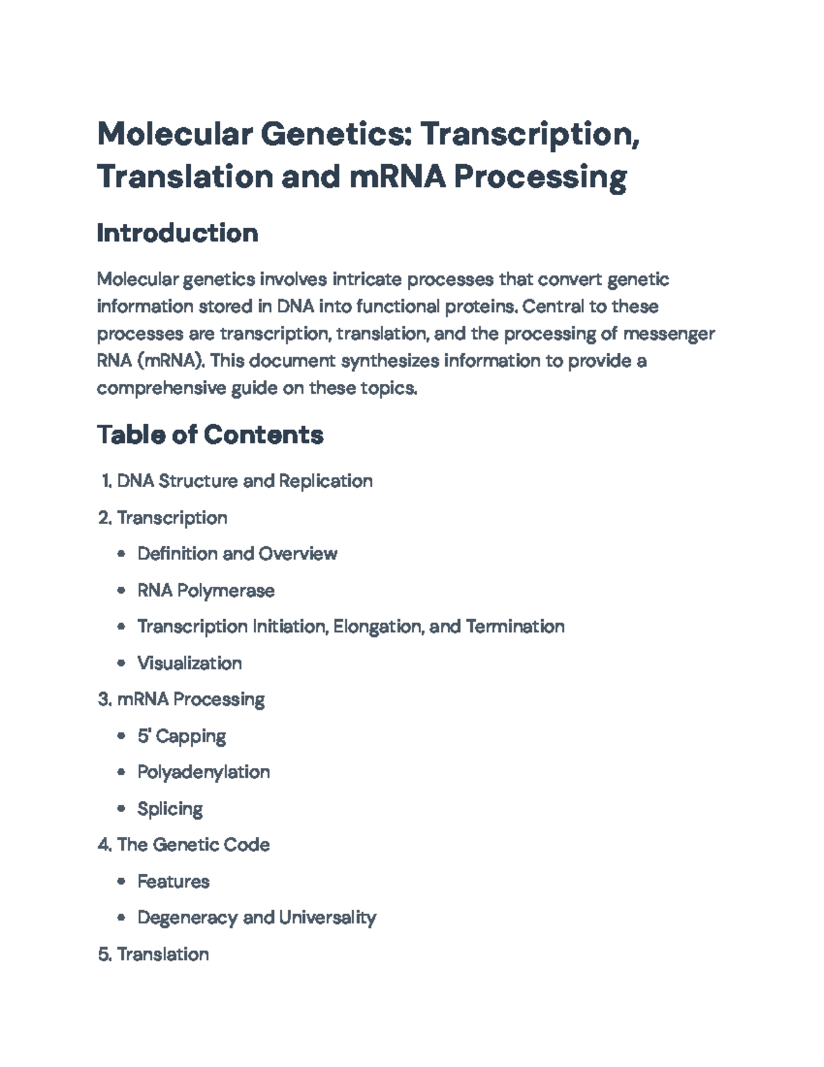 Molecular Genetics: Transcription, Translation & mRNA Processing Guide ...