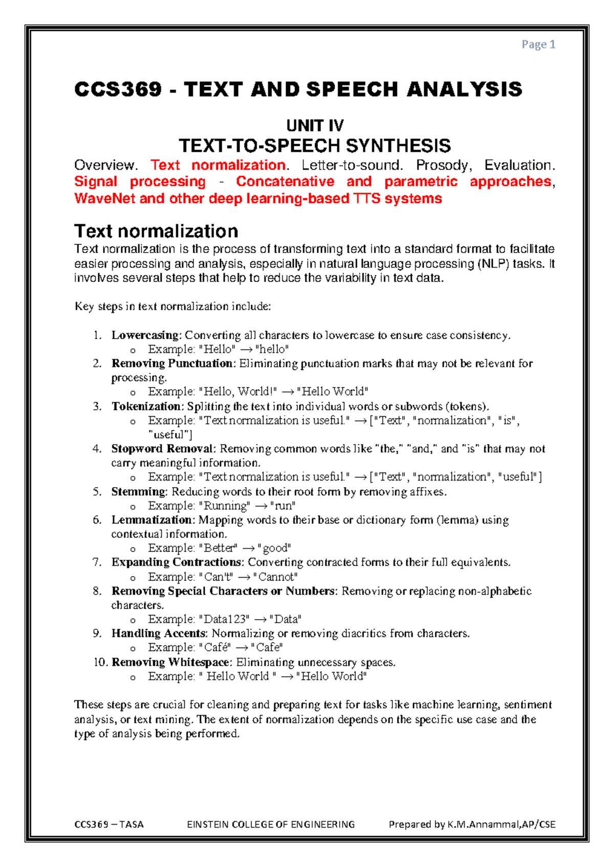 CCS369 Text and Speech Analysis: Unit IV Synthesis Overview Notes - Studocu