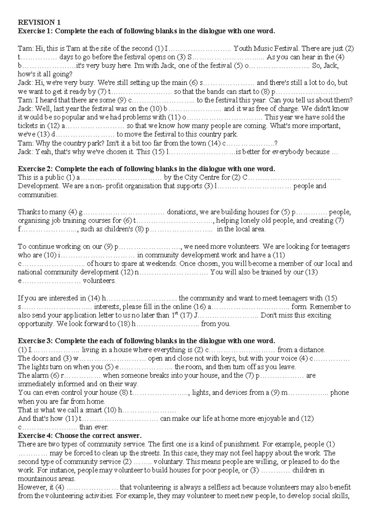 10 - English Test: Dialogue Completion Exercises and Community Service ...