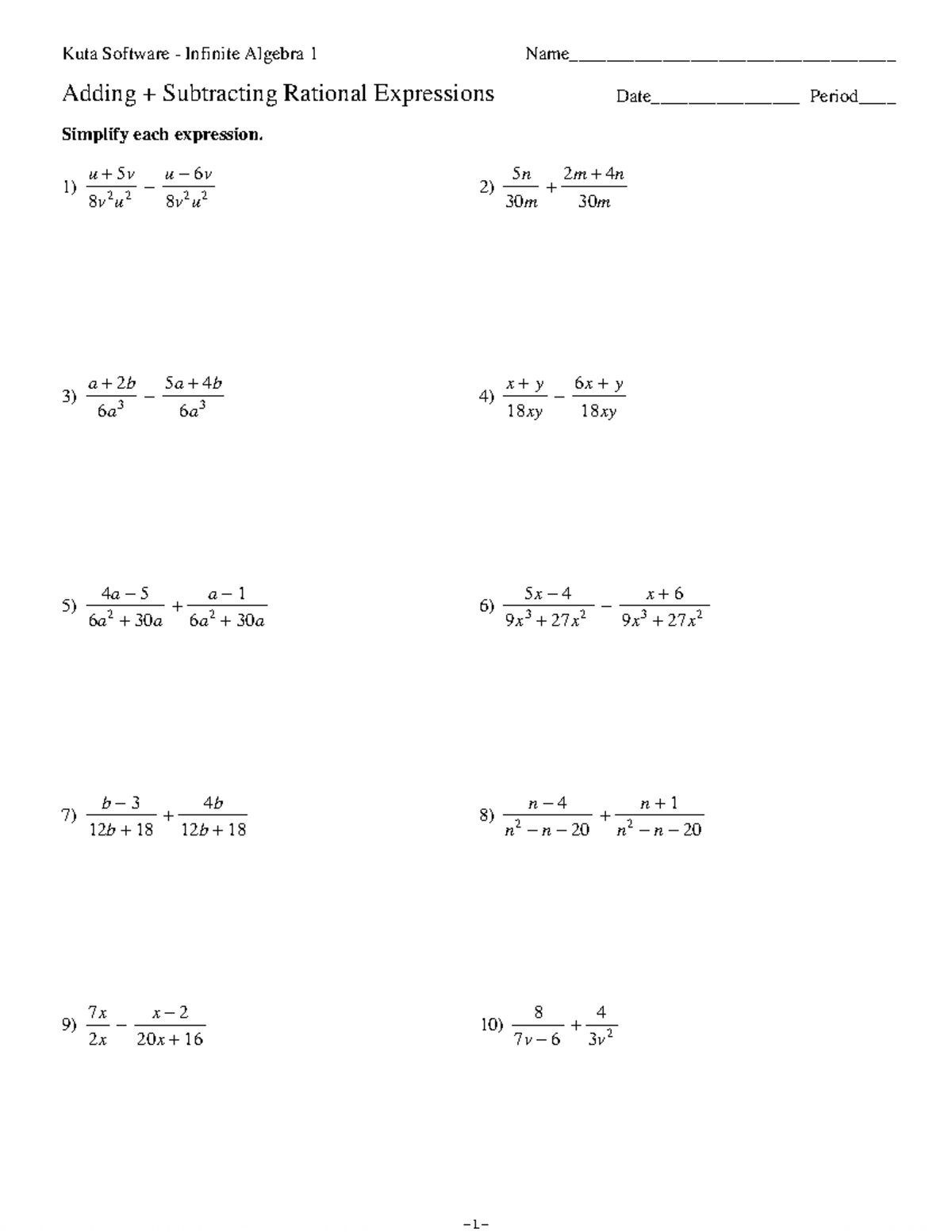 Algebra 1 - Adding & Subtracting Rational Expressions Worksheet - Studocu