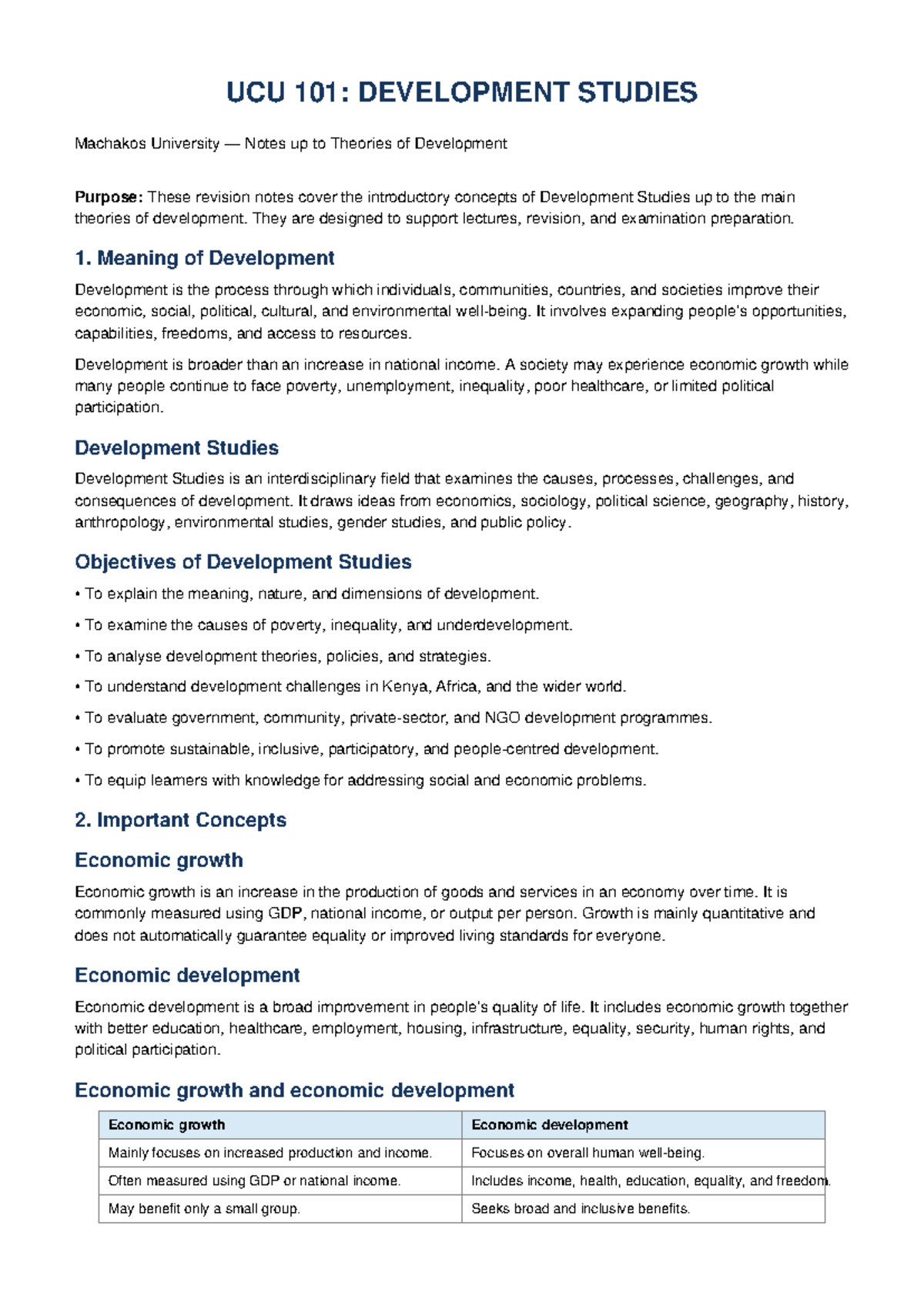 UCU 101: Development Studies Revision Notes on Key Theories - Studocu