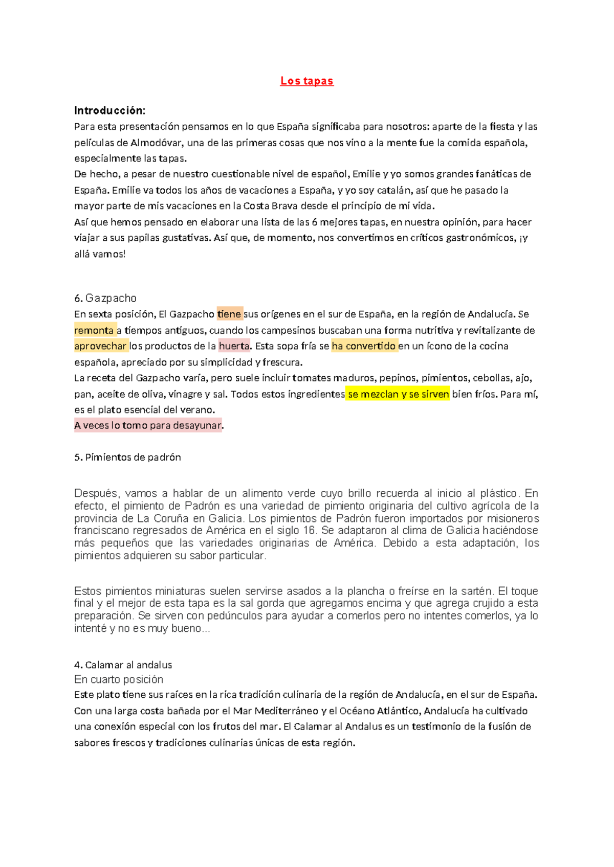Exposé espagnol - Exposé sur les tapas - Los tapas Introducción: Para ...