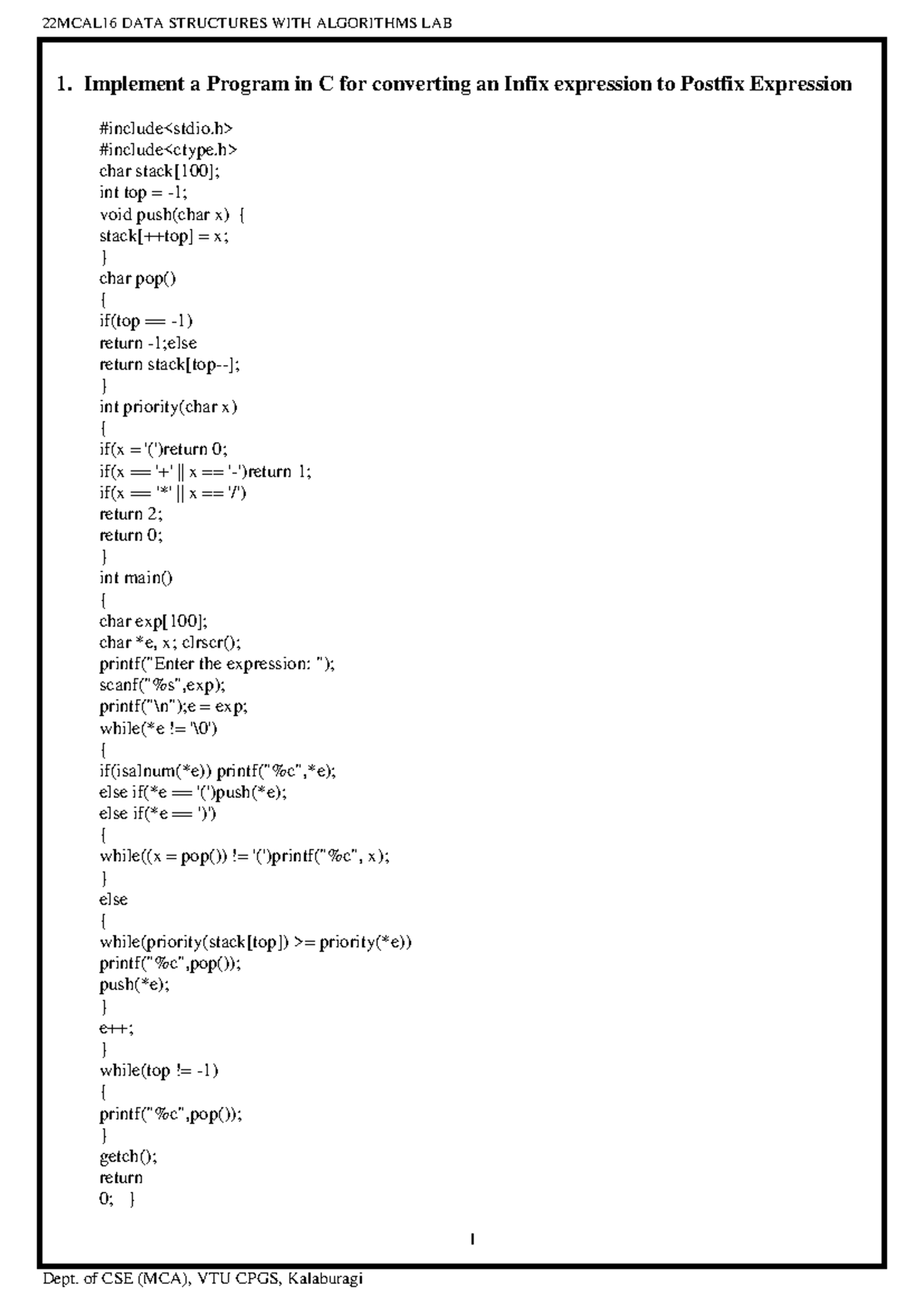 22MCAL16 DATA STRUCTURES WITH ALGORITHMS LAB: C Programs Overview - Studocu